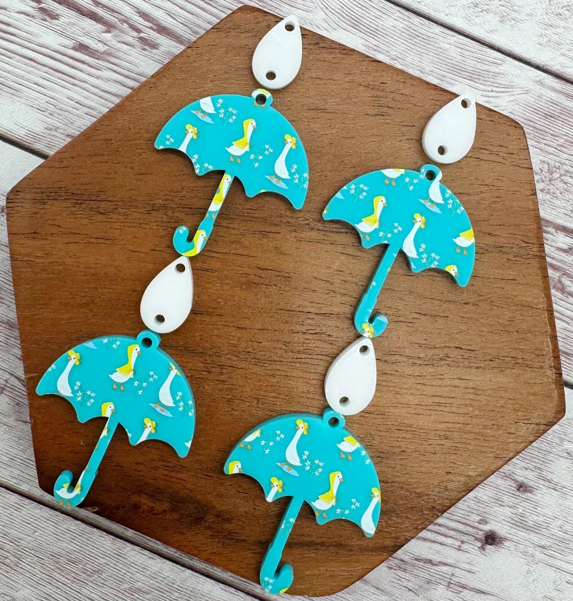 Spring Goose Print Umbrella and Raindrop Acrylic Earring Blank Set, DIY Jewelry Making