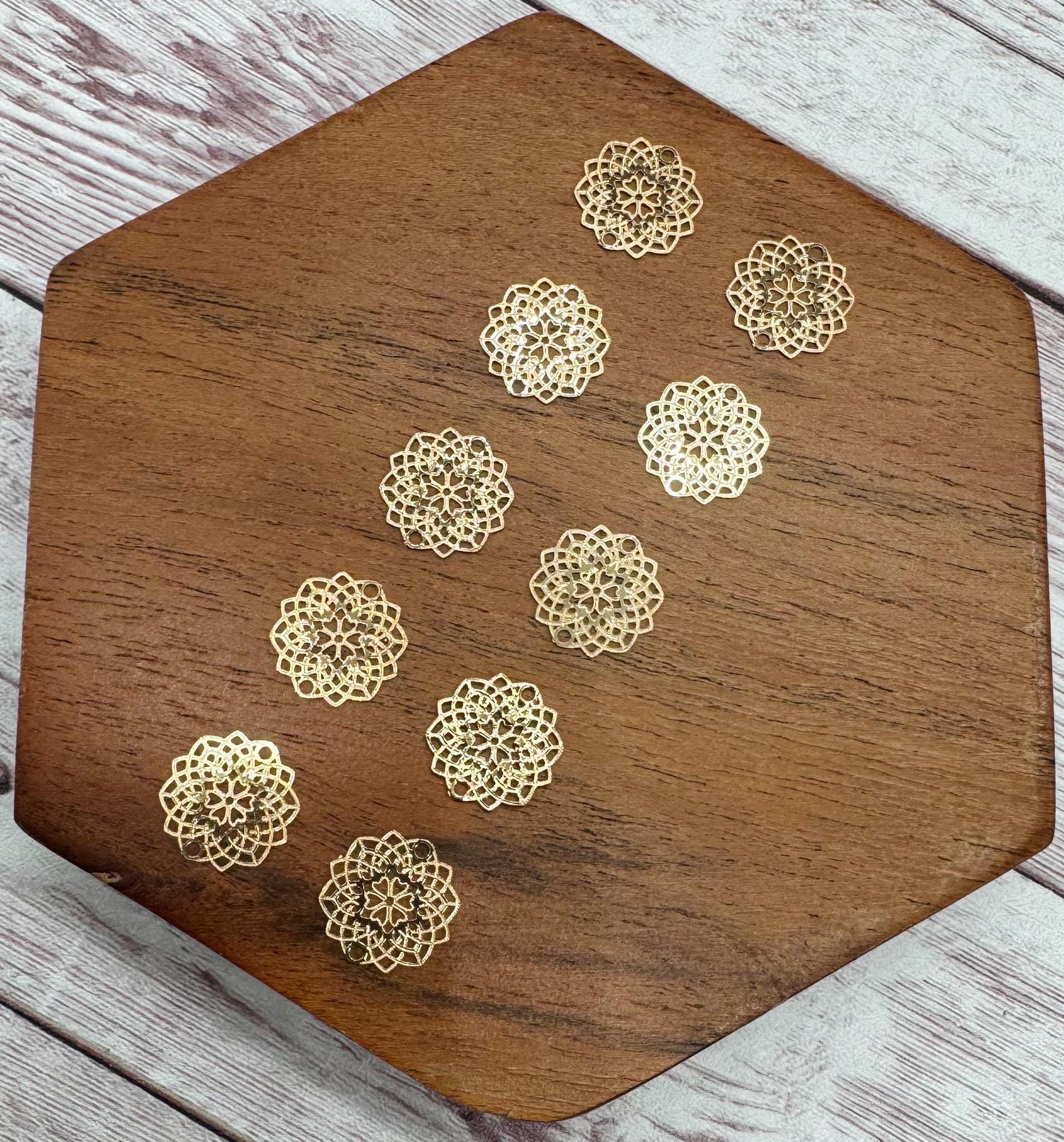 Dainty Light Gold Brass Intricate Flower 13.5mm Earring Connectors, Earring Findings, Set of 5 Pair DIY Jewelry Making