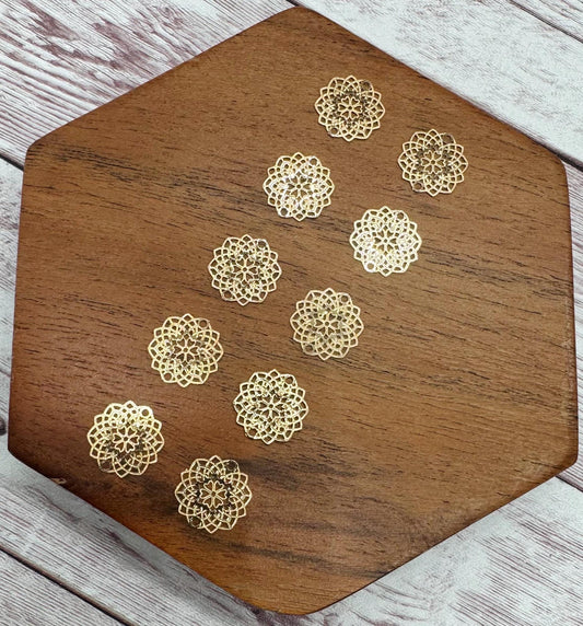 Dainty Light Gold Brass Intricate Flower 13.5mm Earring Connectors, Earring Findings, Set of 5 Pair DIY Jewelry Making