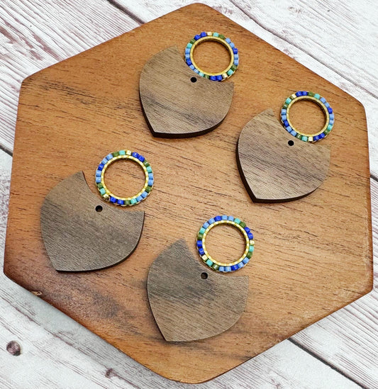 Blue, Green, and Gold Japanese Seed Bead Connector and Walnut Set, Earring Blanks, DIY Jewelry Making