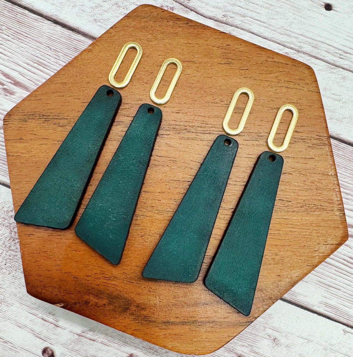 Angled Bar Teal Vegetable Tanned Leather and Gold Oval Connector Set, Earring Blanks, Finished Walnut Blank, DIY Jewelry Making