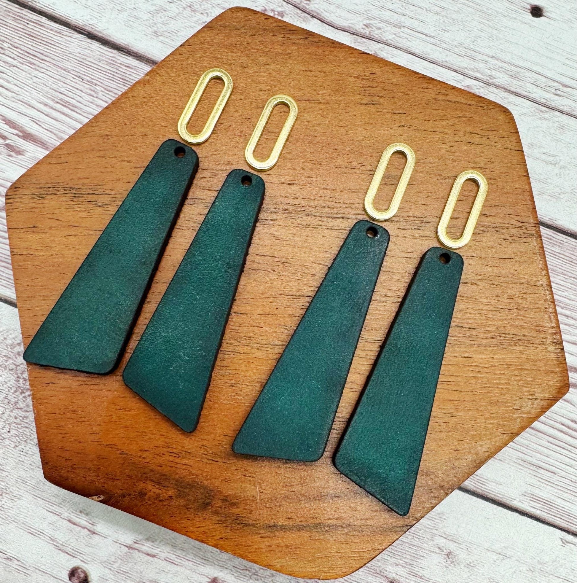 Angled Bar Teal Vegetable Tanned Leather and Gold Oval Connector Set, Earring Blanks, Finished Walnut Blank, DIY Jewelry Making