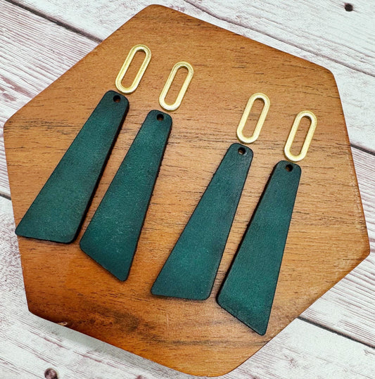 Angled Bar Teal Vegetable Tanned Leather and Gold Oval Connector Set, Earring Blanks, Finished Walnut Blank, DIY Jewelry Making