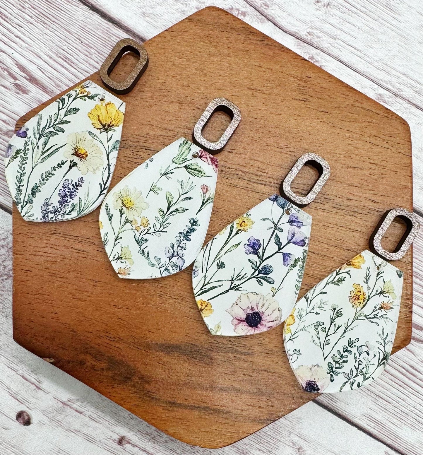 Patterned Wildflower Acrylic and Wood Rectangle Connector Set Earring Blanks, DIY Jewelry Making