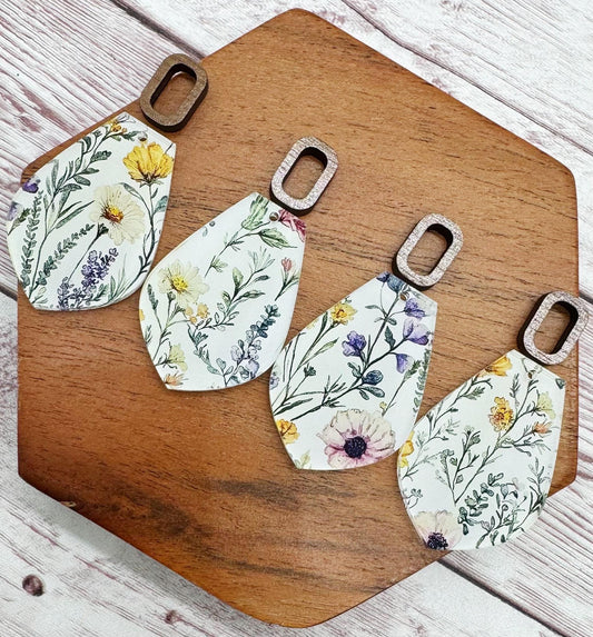 Patterned Wildflower Acrylic and Wood Rectangle Connector Set Earring Blanks, DIY Jewelry Making