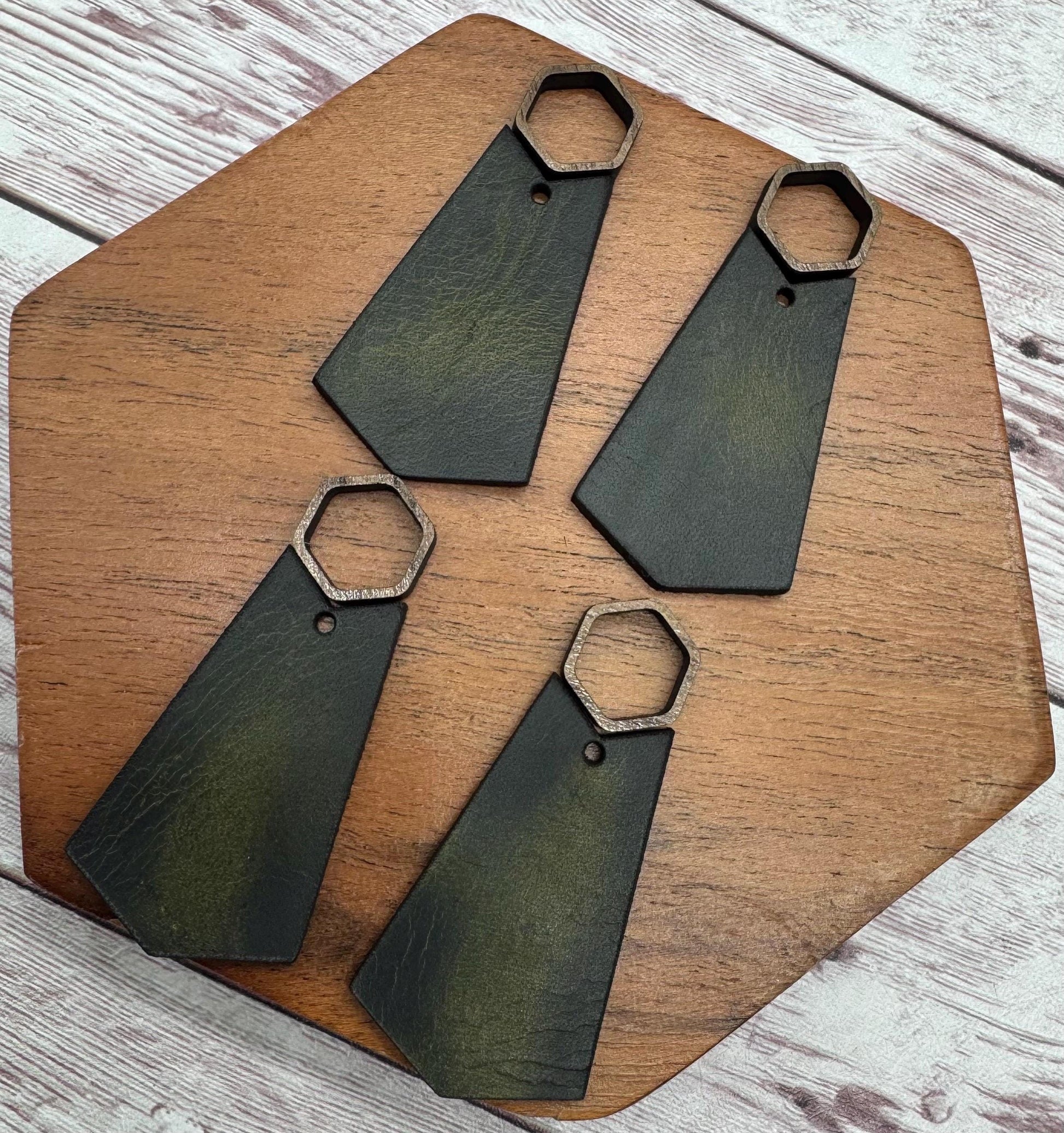 Hollow Wood Hexagon and Olive Green Vegetable Tanned Leather Set, Earring Blanks, Finished Walnut Blank, DIY Jewelry Making
