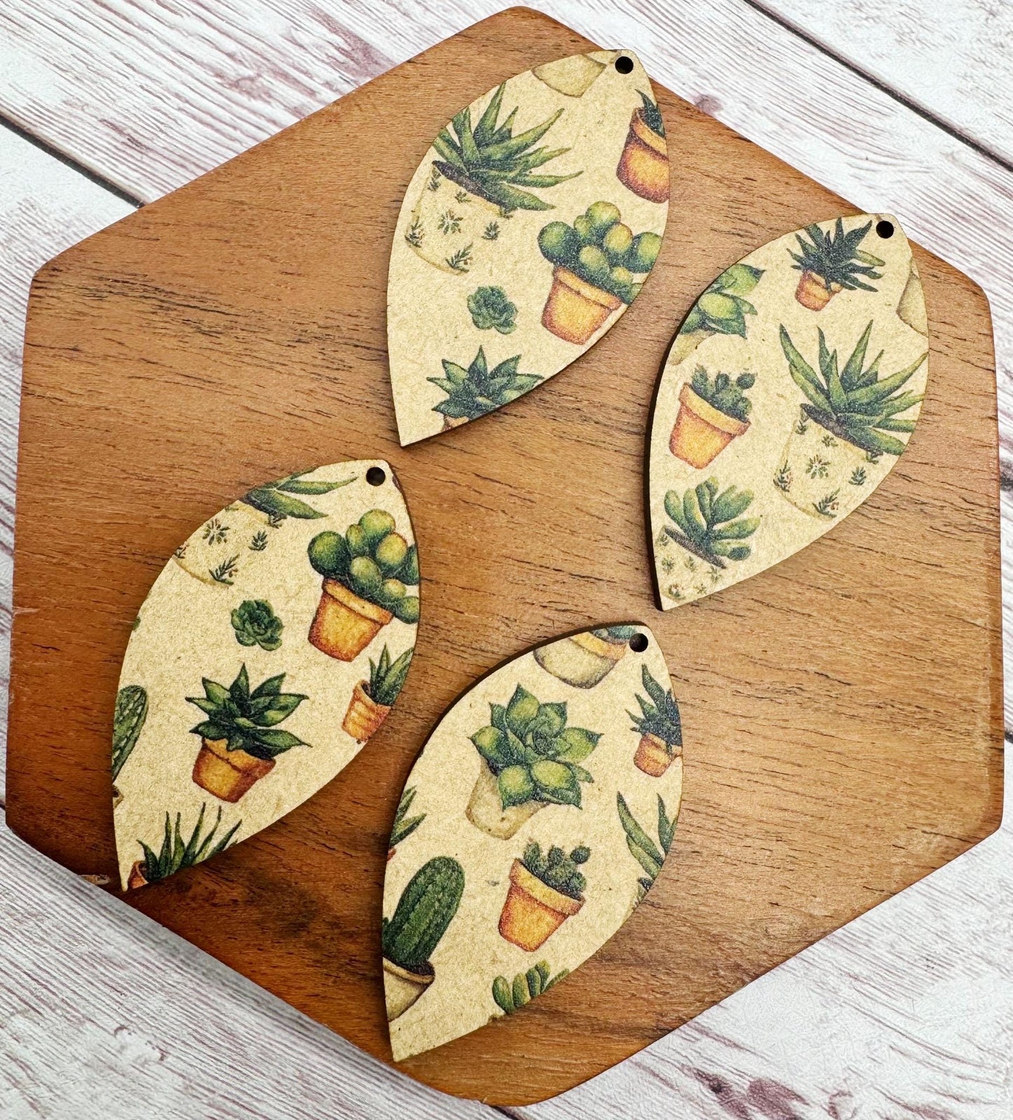 Patterned Succulent Cactus Print Wood Earring Blanks, DIY Jewelry Making