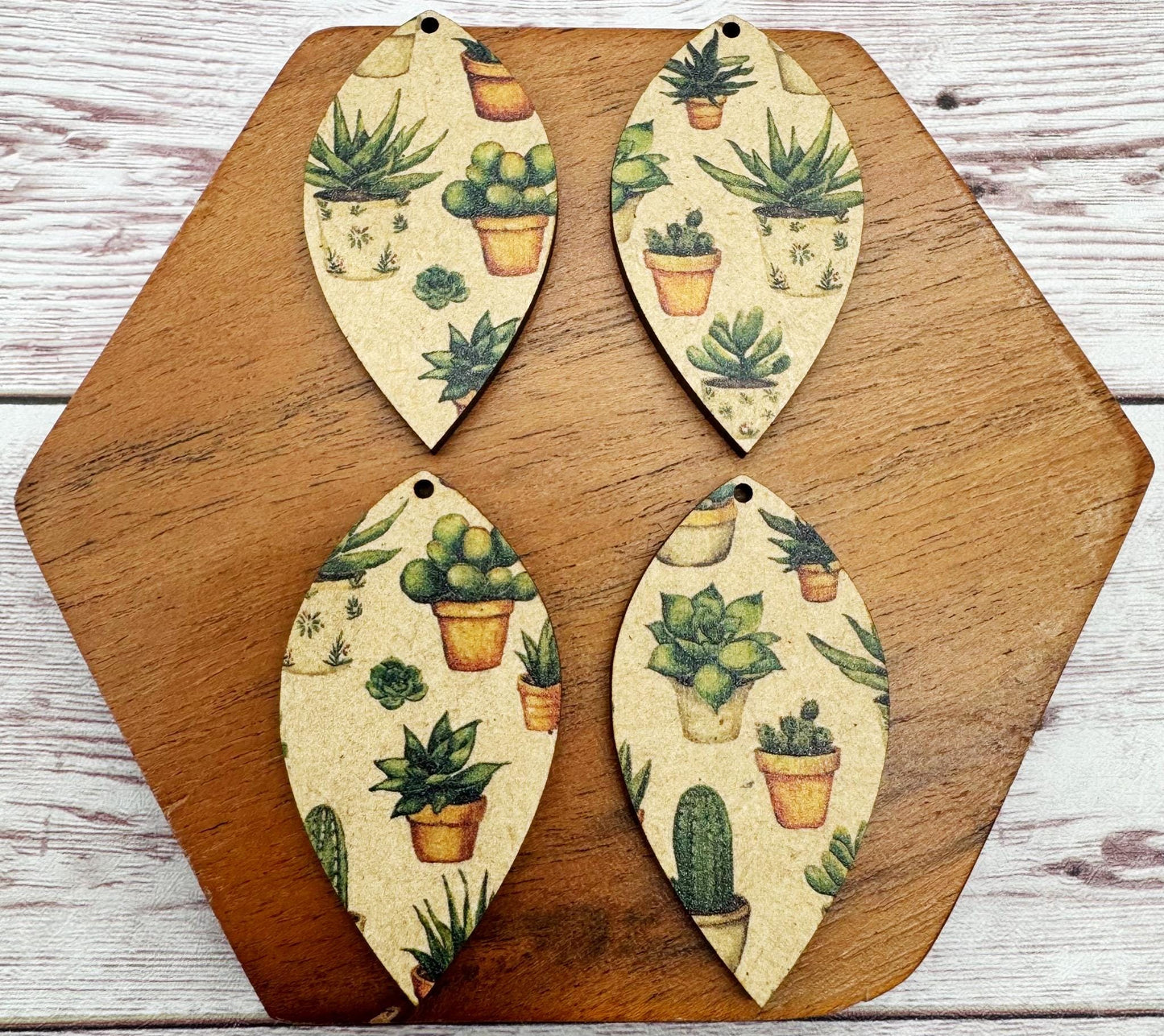 Patterned Succulent Cactus Print Wood Earring Blanks, DIY Jewelry Making