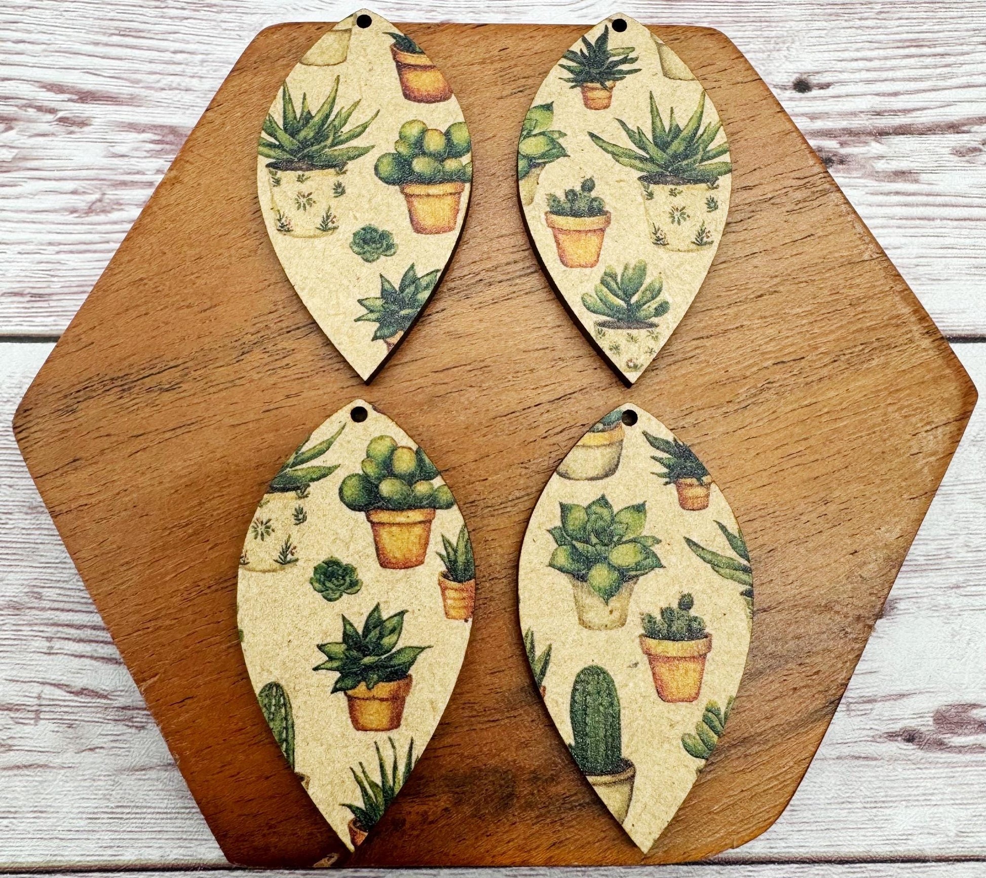 Patterned Succulent Cactus Print Wood Earring Blanks, DIY Jewelry Making