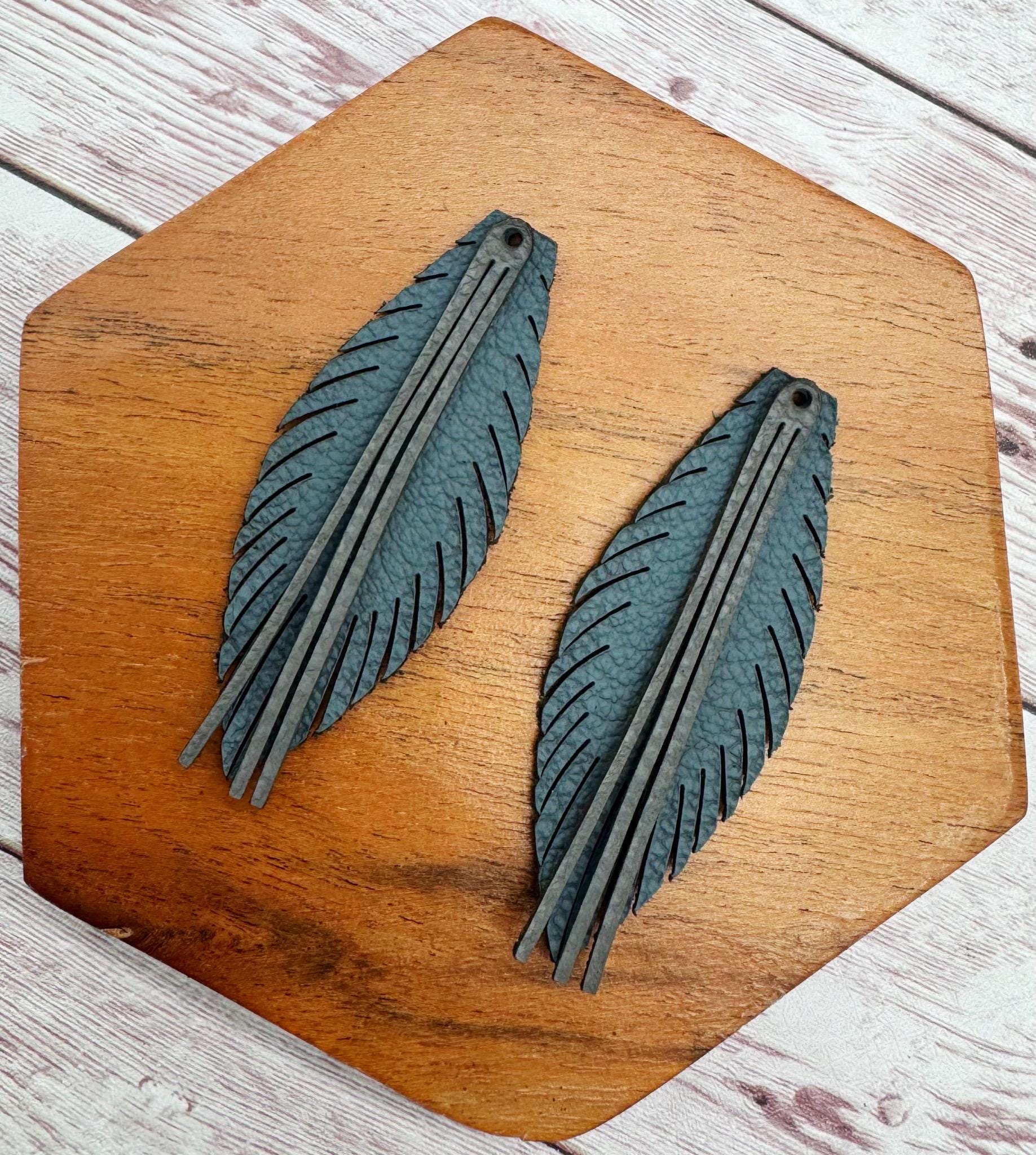 Layered Slate Blue Fringe Vegetable Tanned Leather Set, Earring Blanks, DIY Jewelry Making