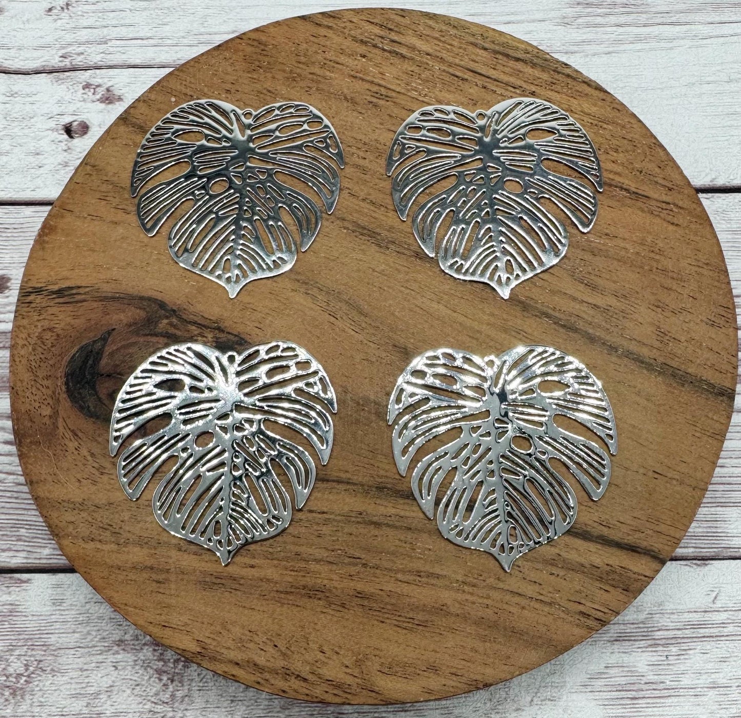 Platinum Plated Intricate Filigree Monstera Leaf 32x32mm Earring Blanks, Earring Findings, Set of 2 Pair DIY Jewelry Making