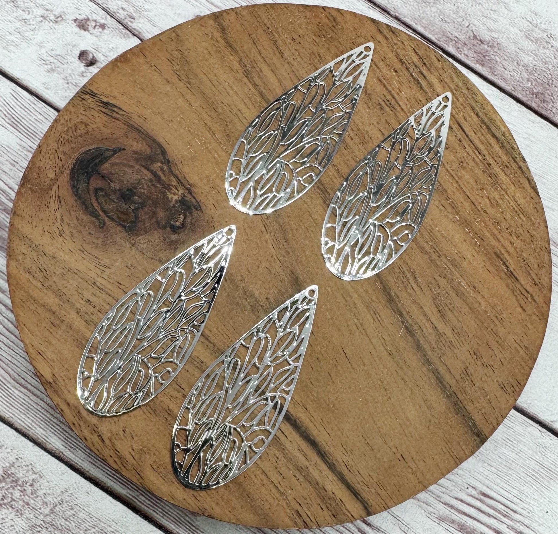 Platinum Plated Intricate Filigree Teardrop 45x17.5mm Earring Blanks, Earring Findings, Set of 2 Pair DIY Jewelry Making