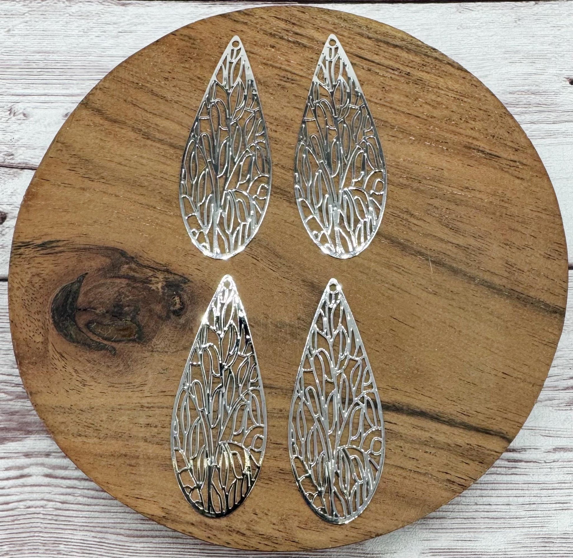 Platinum Plated Intricate Filigree Teardrop 45x17.5mm Earring Blanks, Earring Findings, Set of 2 Pair DIY Jewelry Making