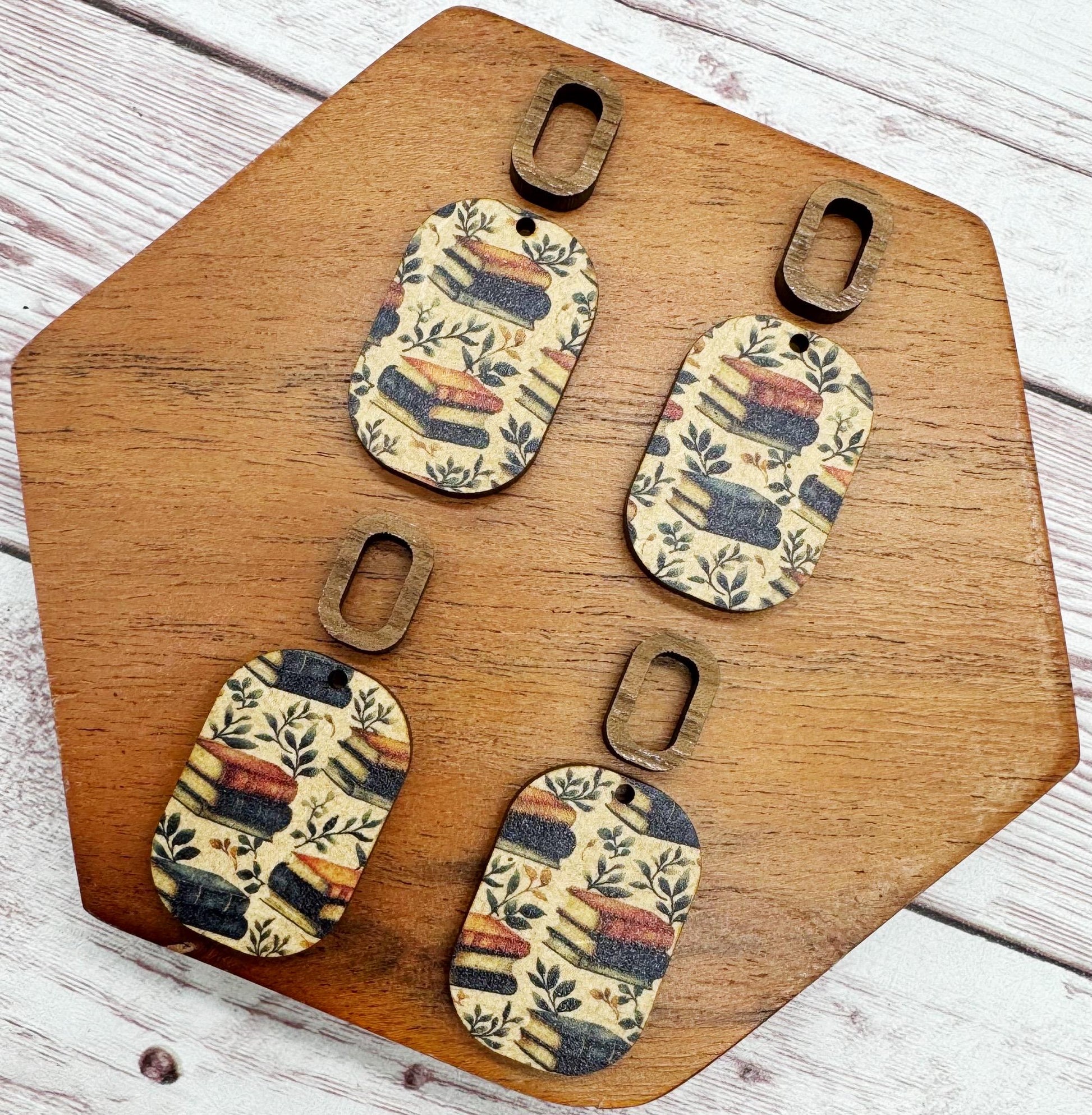 Patterned Book and Vines Print Double Rectangle Set, Wood Earring Blanks, DIY Jewelry Making