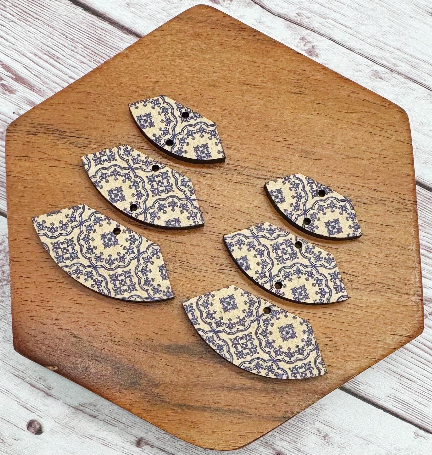 Patterned Blue China Circle Print Fan Trio Set, Wood Earring Blanks, DIY Jewelry Making