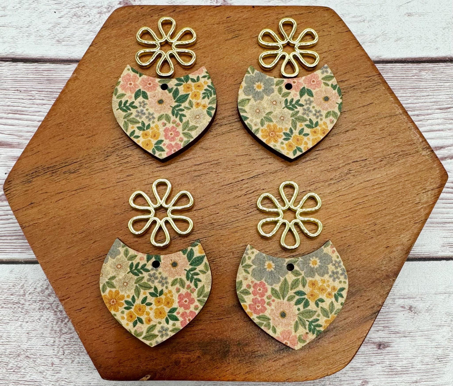 Patterned Micro Flower Print Wood With Light Gold Flower Connector Set, Earring Blanks, DIY Jewelry Making