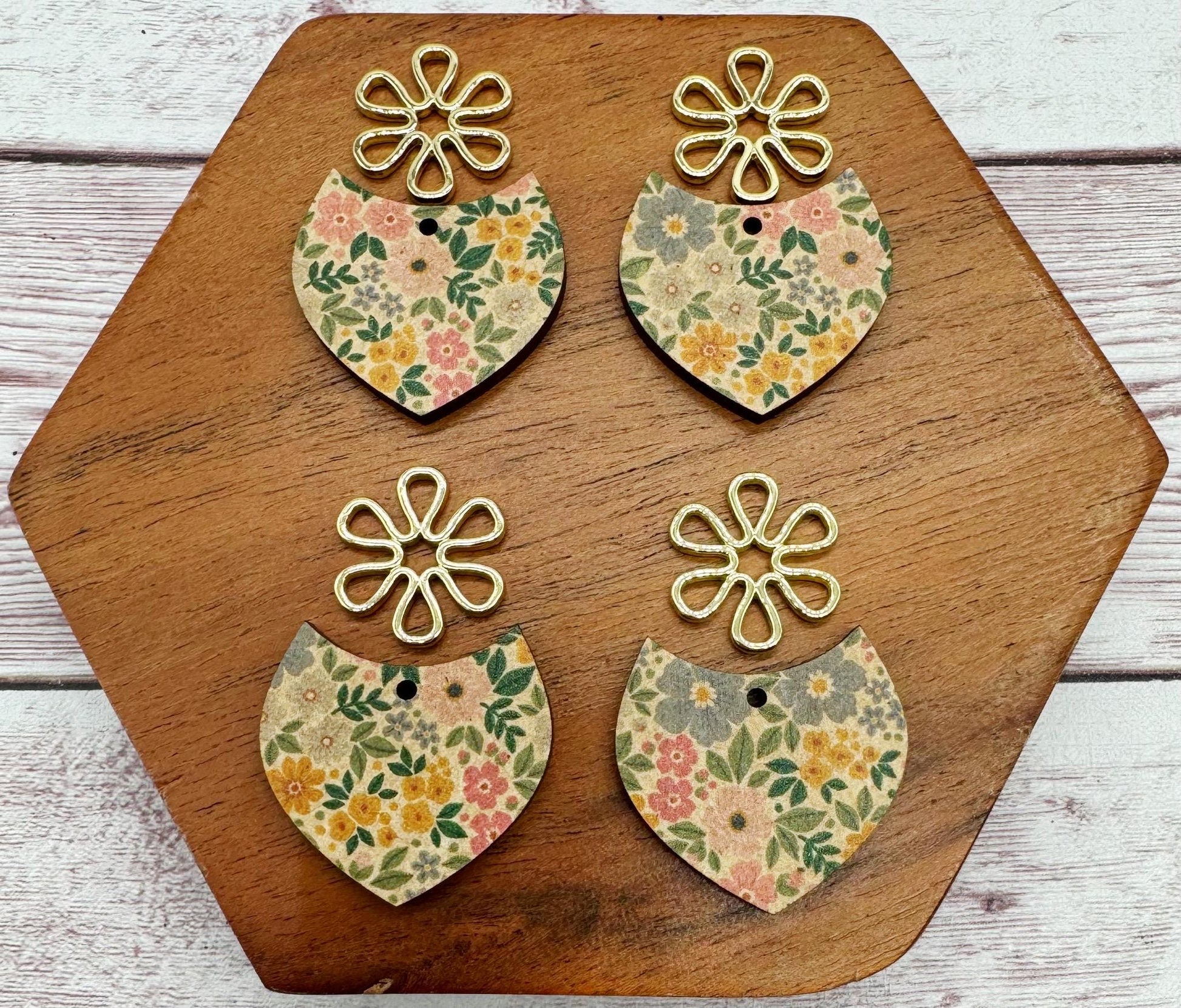 Patterned Micro Flower Print Wood With Light Gold Flower Connector Set, Earring Blanks, DIY Jewelry Making