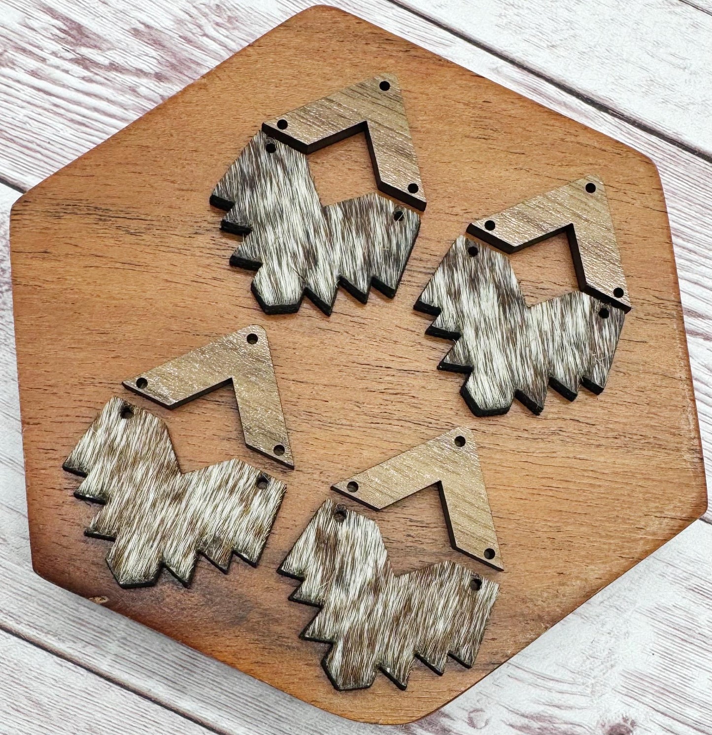 Southwest Aztec Wood and Genuine Cowhide Backed Faux Leather Set, Earring Blanks, Finished Walnut Blank, DIY Jewelry Making
