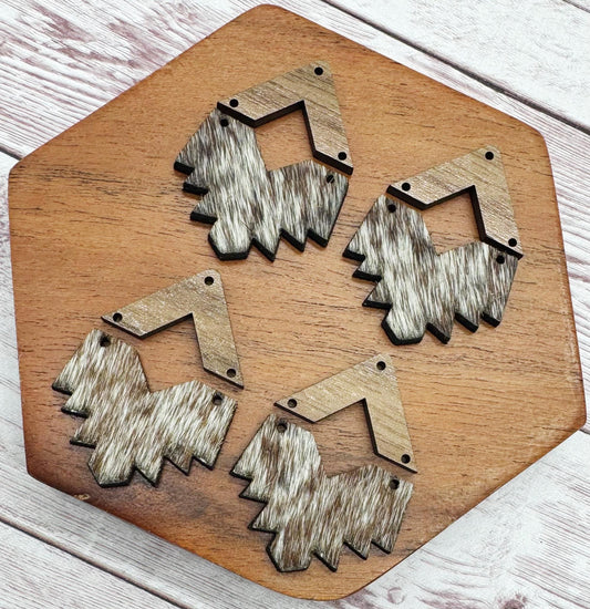 Southwest Aztec Wood and Genuine Cowhide Backed Faux Leather Set, Earring Blanks, Finished Walnut Blank, DIY Jewelry Making