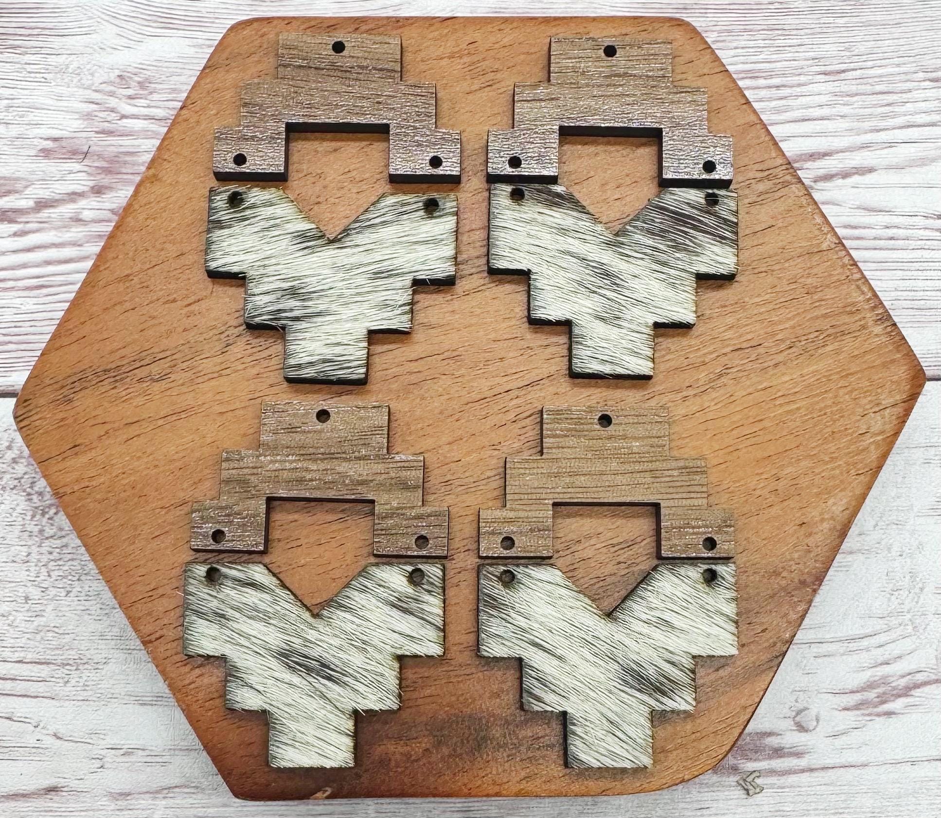Southwest Aztec Wood and Genuine Cowhide Backed Faux Leather #2 Set, Earring Blanks, Finished Walnut Blank, DIY Jewelry Making