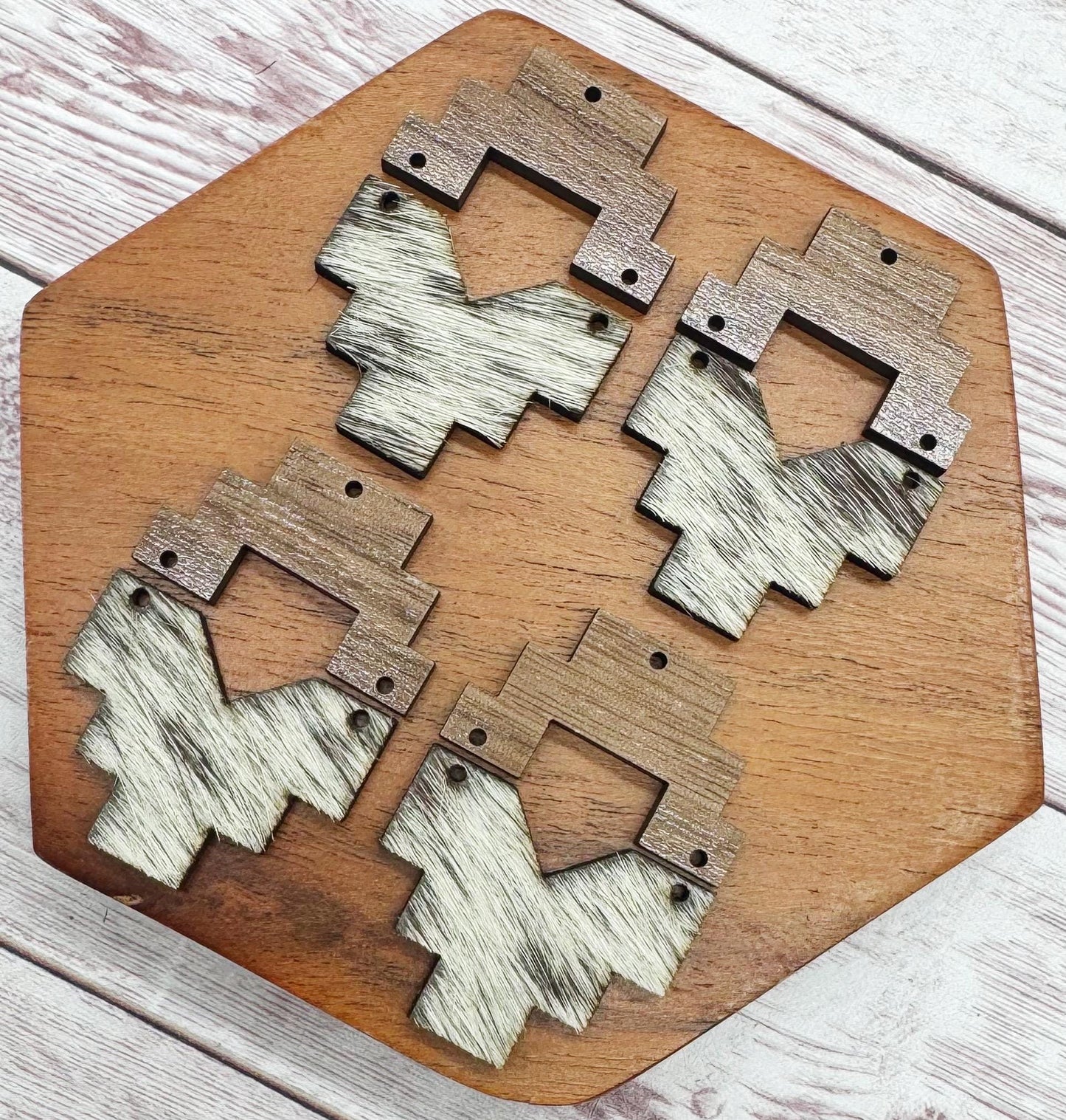Southwest Aztec Wood and Genuine Cowhide Backed Faux Leather #2 Set, Earring Blanks, Finished Walnut Blank, DIY Jewelry Making