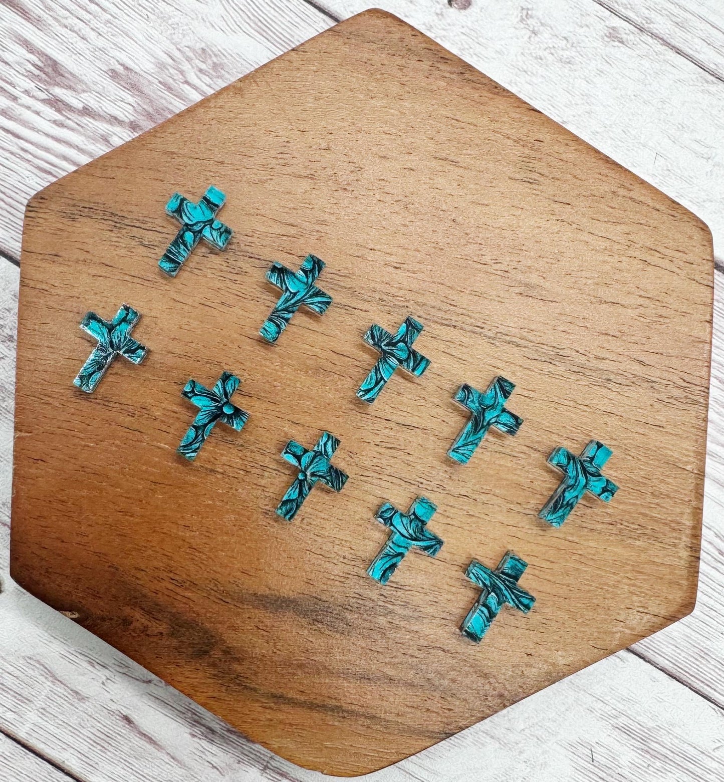 Turquoise Tooled Lesther Print Cross Acrylic Stud Earring Blanks Set of 5 Pair DIY Jewelry Making