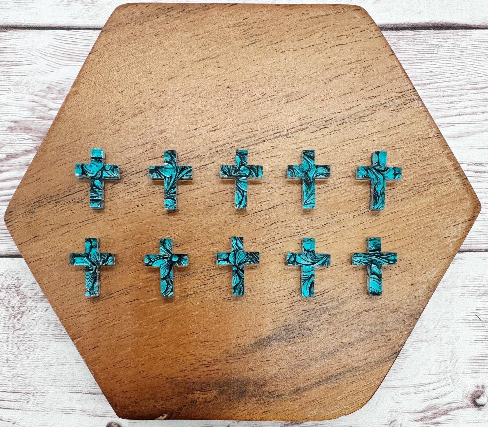 Turquoise Tooled Lesther Print Cross Acrylic Stud Earring Blanks Set of 5 Pair DIY Jewelry Making