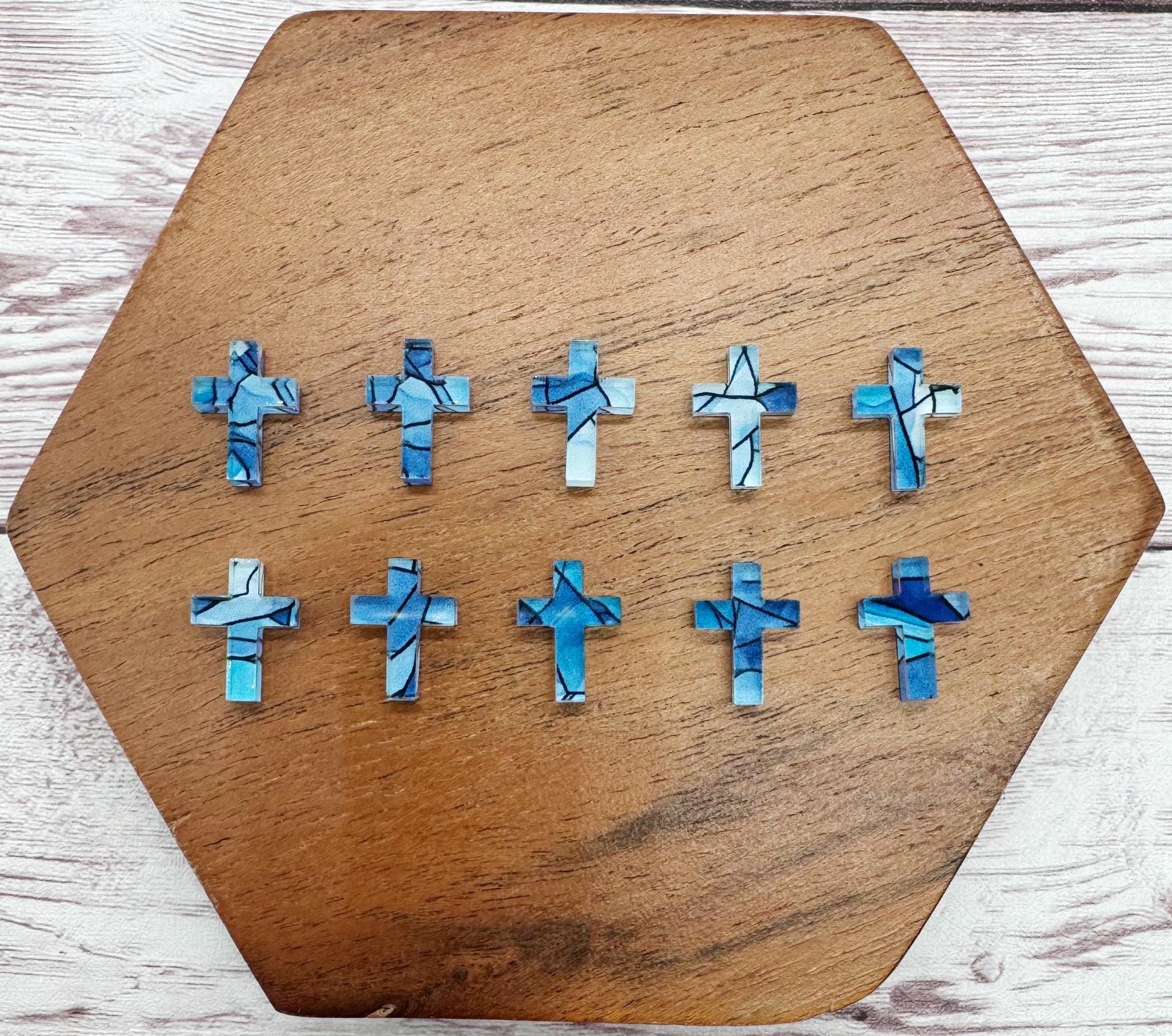 Blue Stained Glass Print Cross Acrylic Stud Earring Blanks Set of 5 Pair DIY Jewelry Making