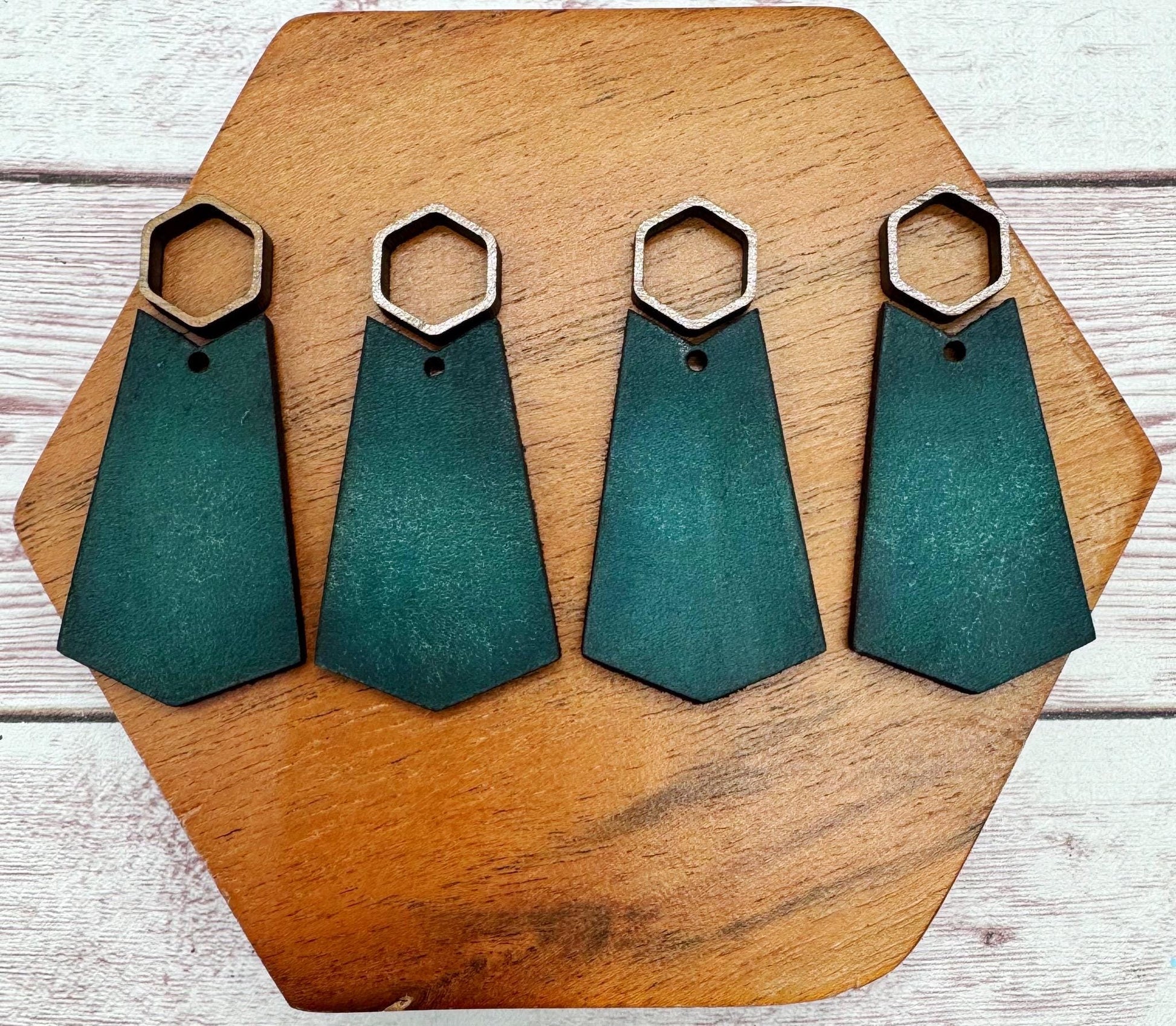 Hollow Wood Hexagon and Teal Vegetable Tanned Leather Set, Earring Blanks, Finished Walnut Blank, DIY Jewelry Making