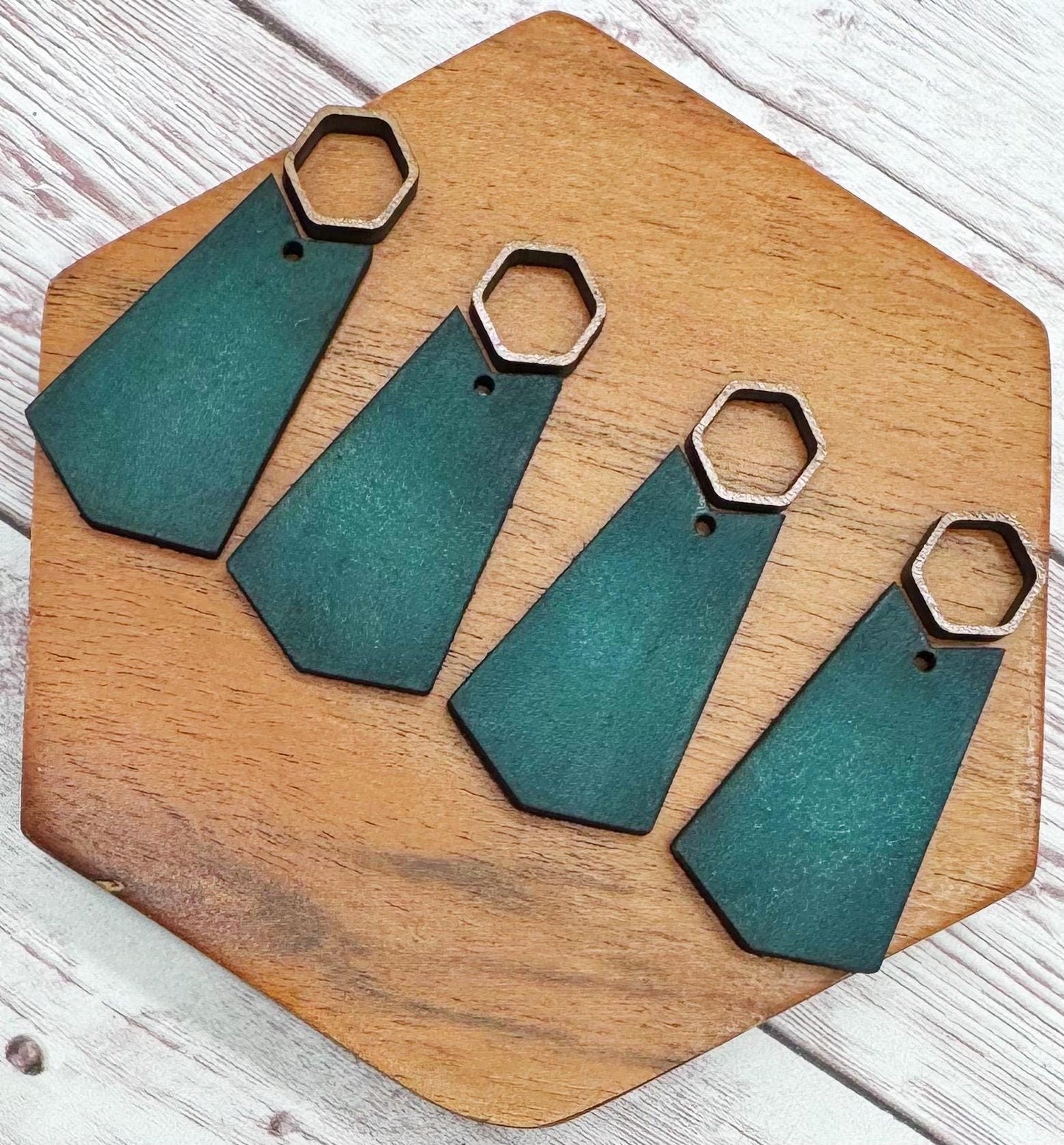 Hollow Wood Hexagon and Teal Vegetable Tanned Leather Set, Earring Blanks, Finished Walnut Blank, DIY Jewelry Making