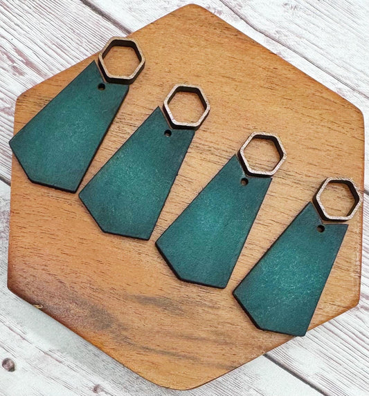 Hollow Wood Hexagon and Teal Vegetable Tanned Leather Set, Earring Blanks, Finished Walnut Blank, DIY Jewelry Making