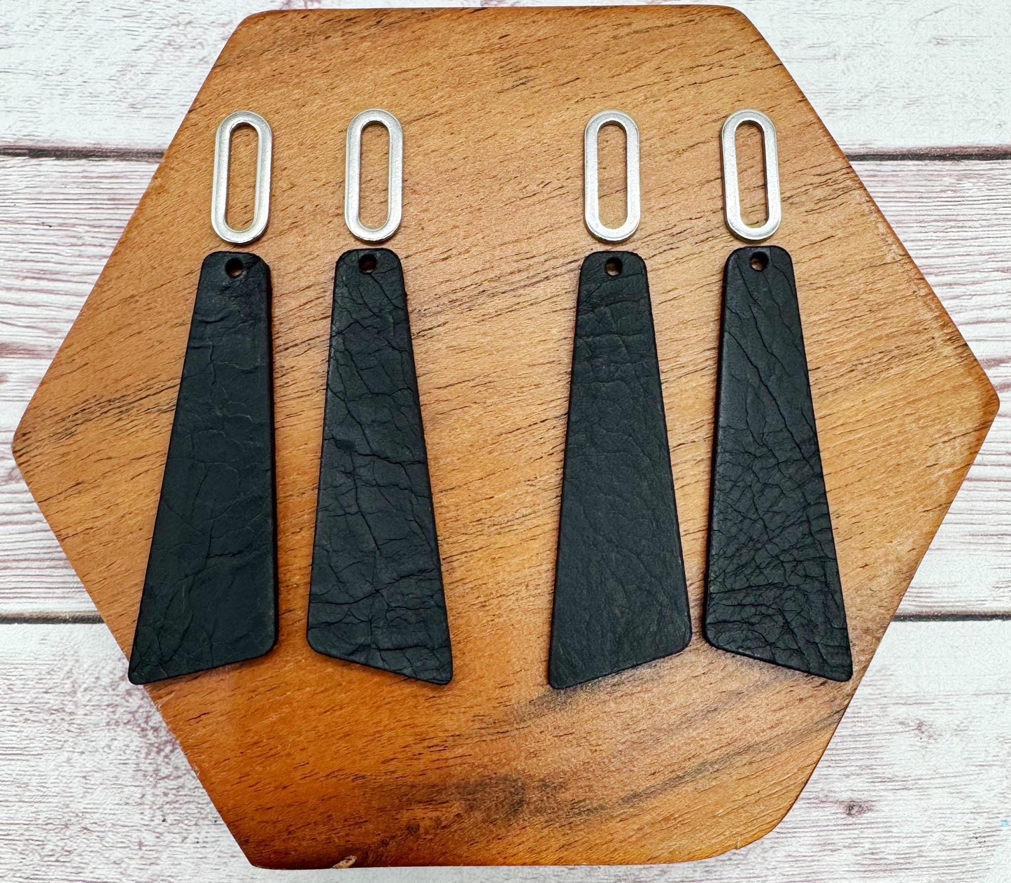 Angled Bar Black Vegetable Tanned Leather and Silver Oval Connector Set, Earring Blanks, Finished Walnut Blank, DIY Jewelry Making