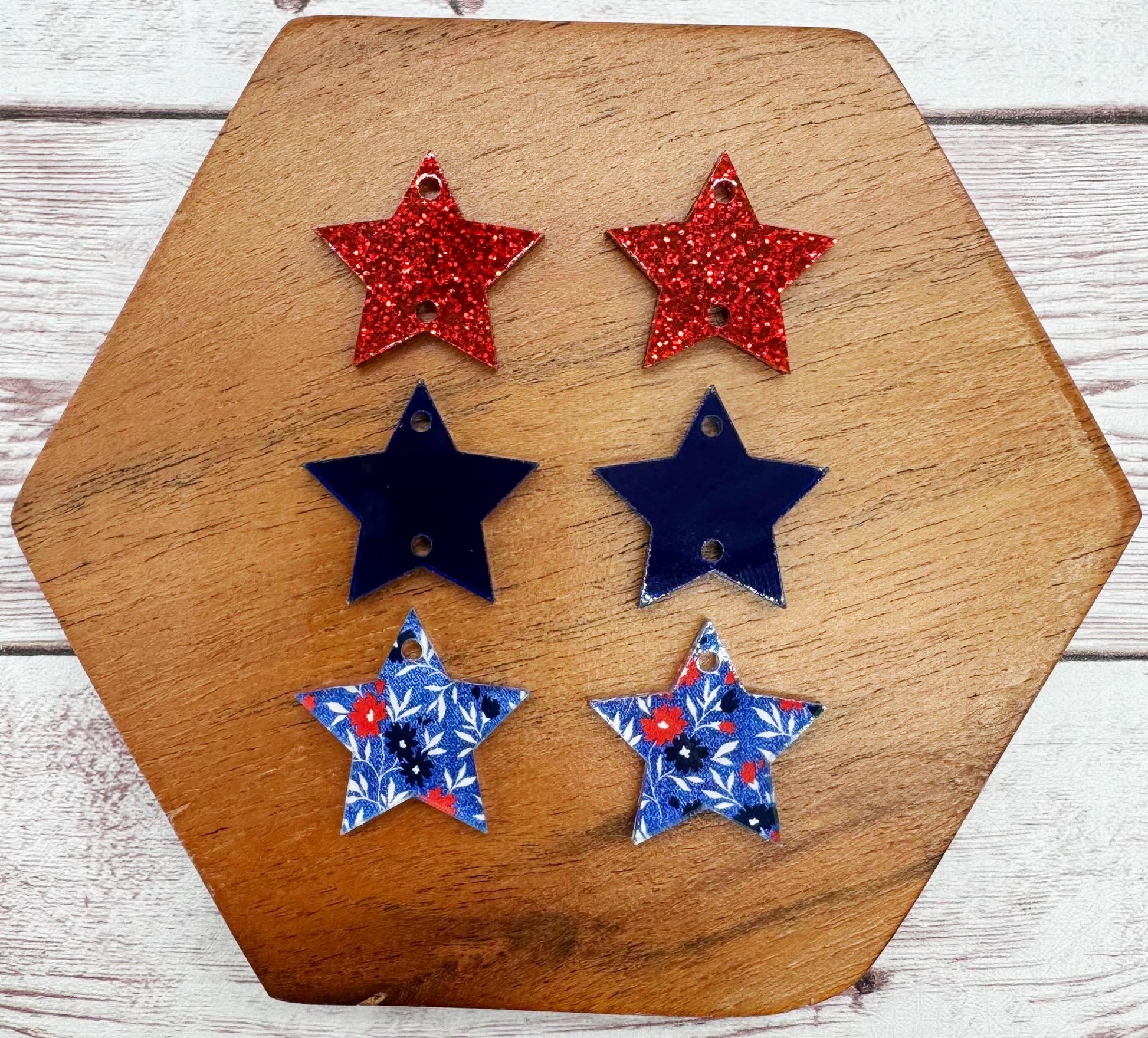 Red, White and Blue Floral Star Trio 4th of July Acrylic Set Earring Blanks, DIY Jewelry Making