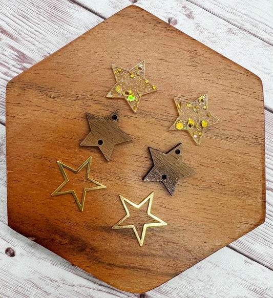 Gold and Wood Star Trio 4th of July Set Earring Blanks, DIY Jewelry Making