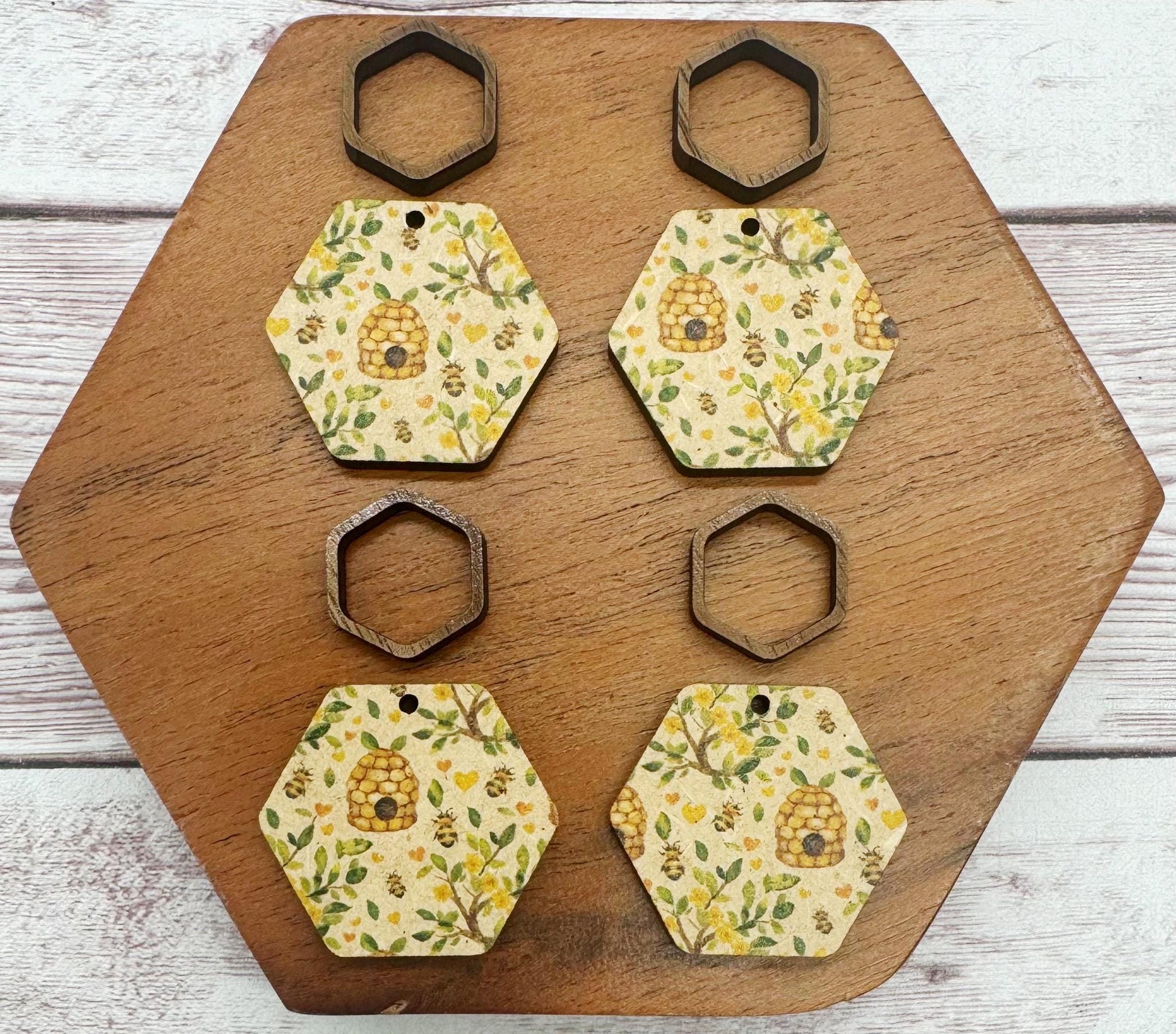 Patterned Bee Hive Print Double Hexagon Wood Earring Blank Set, DIY Jewelry Making