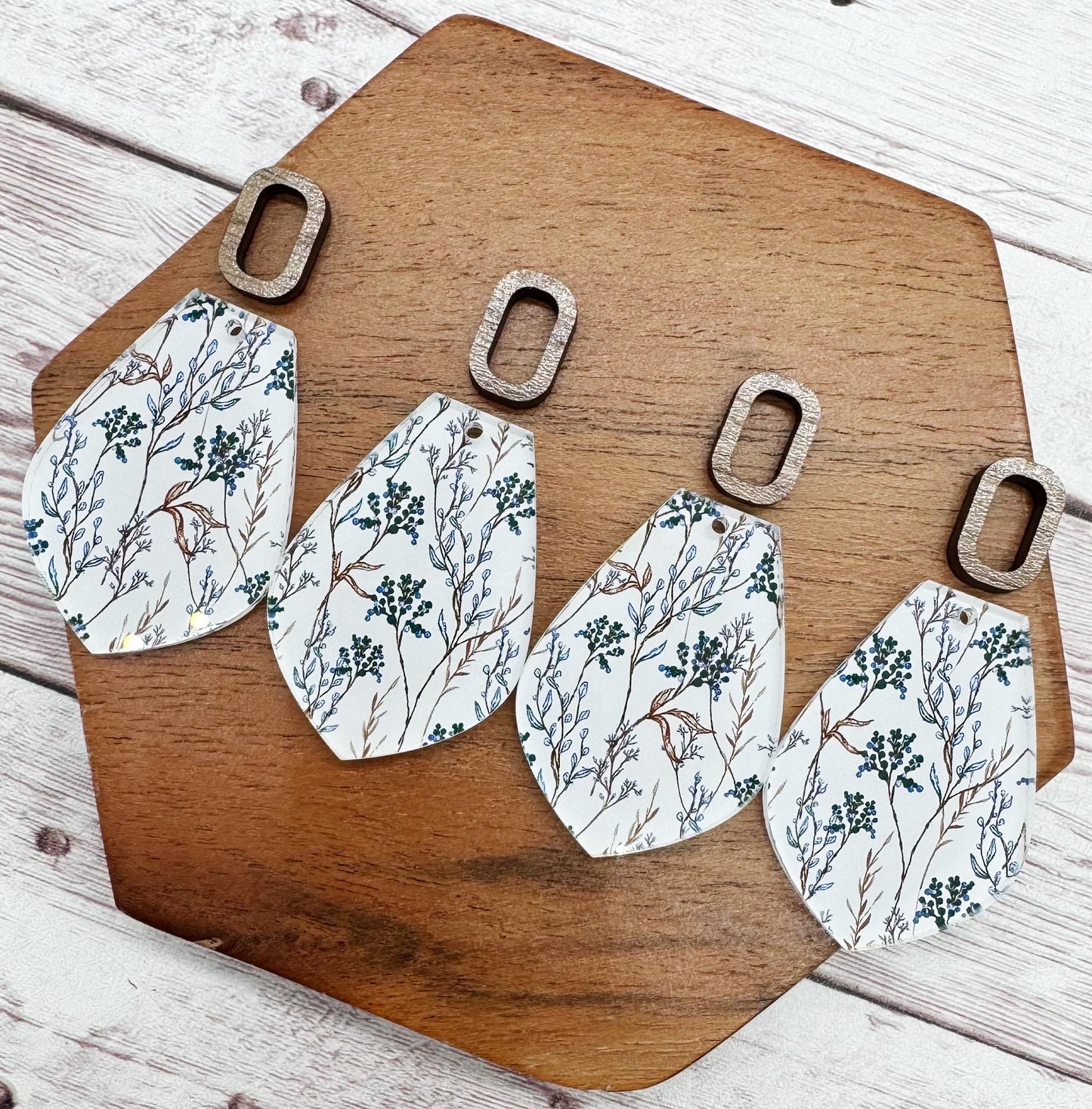 Patterned Neutral Foilage Acrylic and Wood Rectangle Connector Set Earring Blanks, DIY Jewelry Making