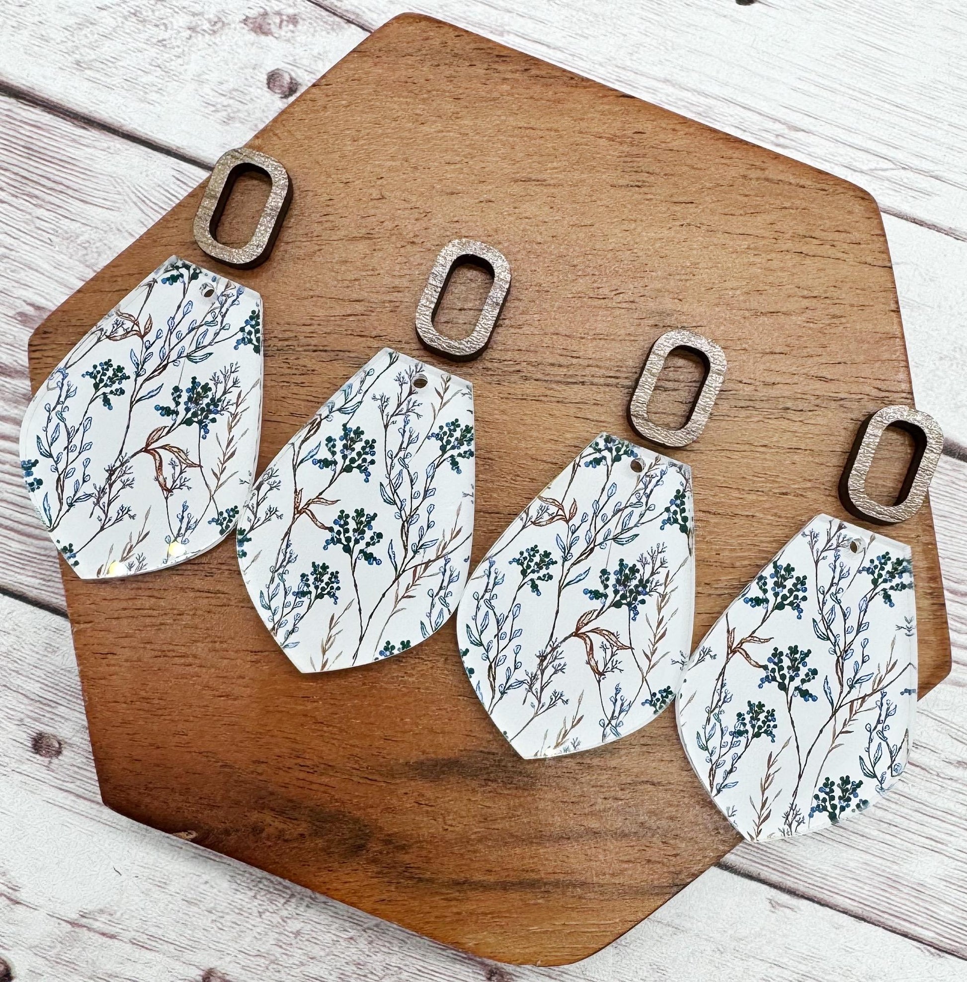 Patterned Neutral Foilage Acrylic and Wood Rectangle Connector Set Earring Blanks, DIY Jewelry Making