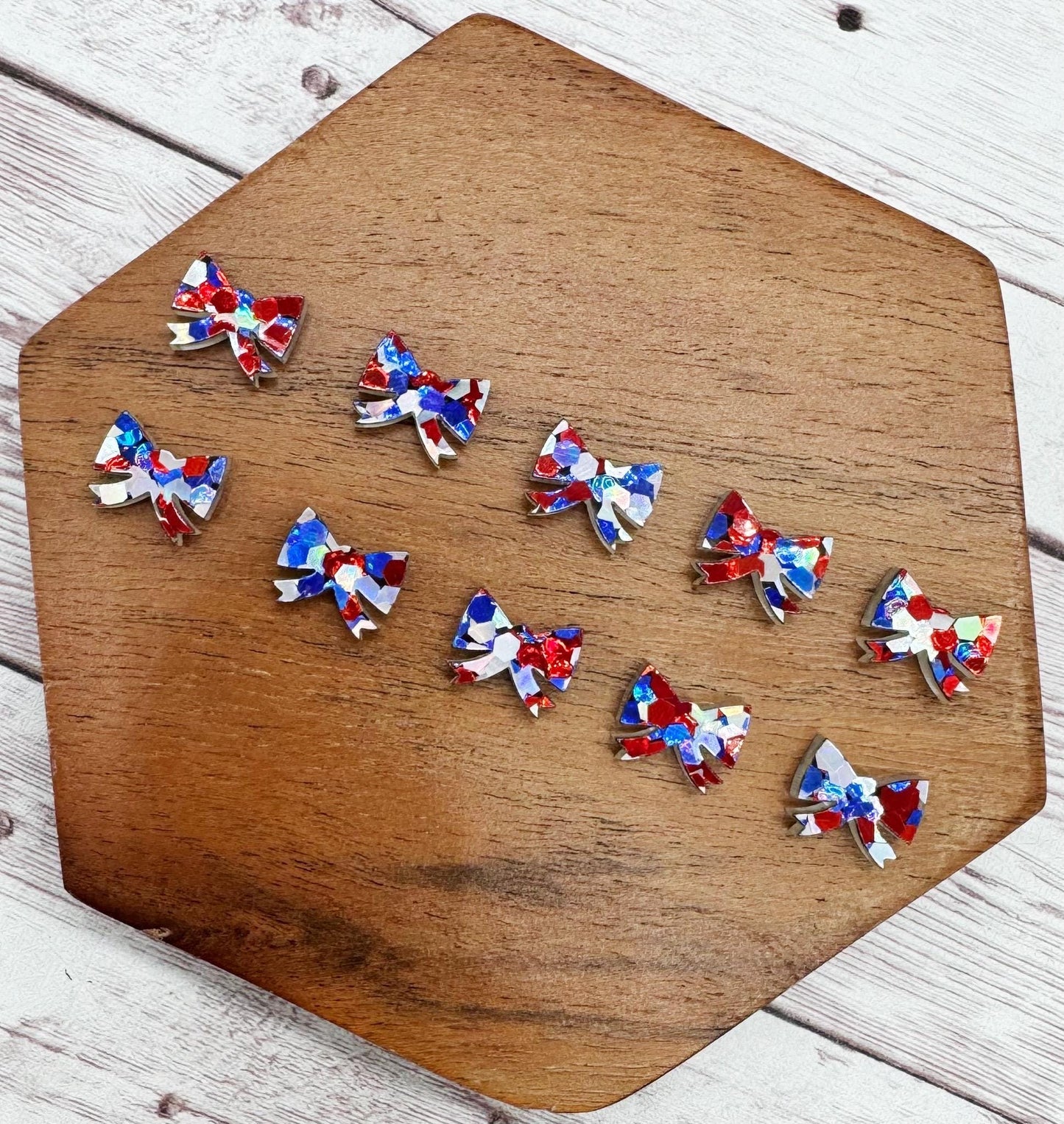 Patriotic Glitter Bow 4th of July Stud Earring Blanks Set of 5 Pair DIY Jewelry Making