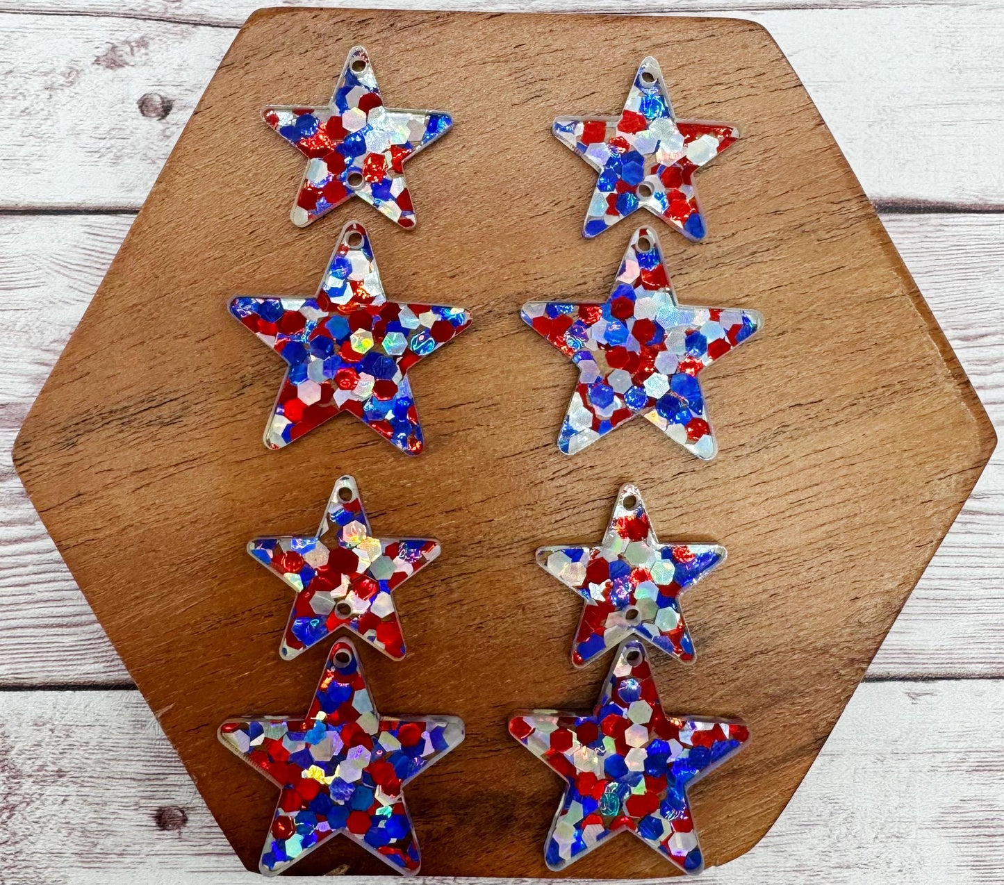 Red, White and Blue Patriotic Glitter Star Duo 4th of July Acrylic Set Earring Blanks, DIY Jewelry Making