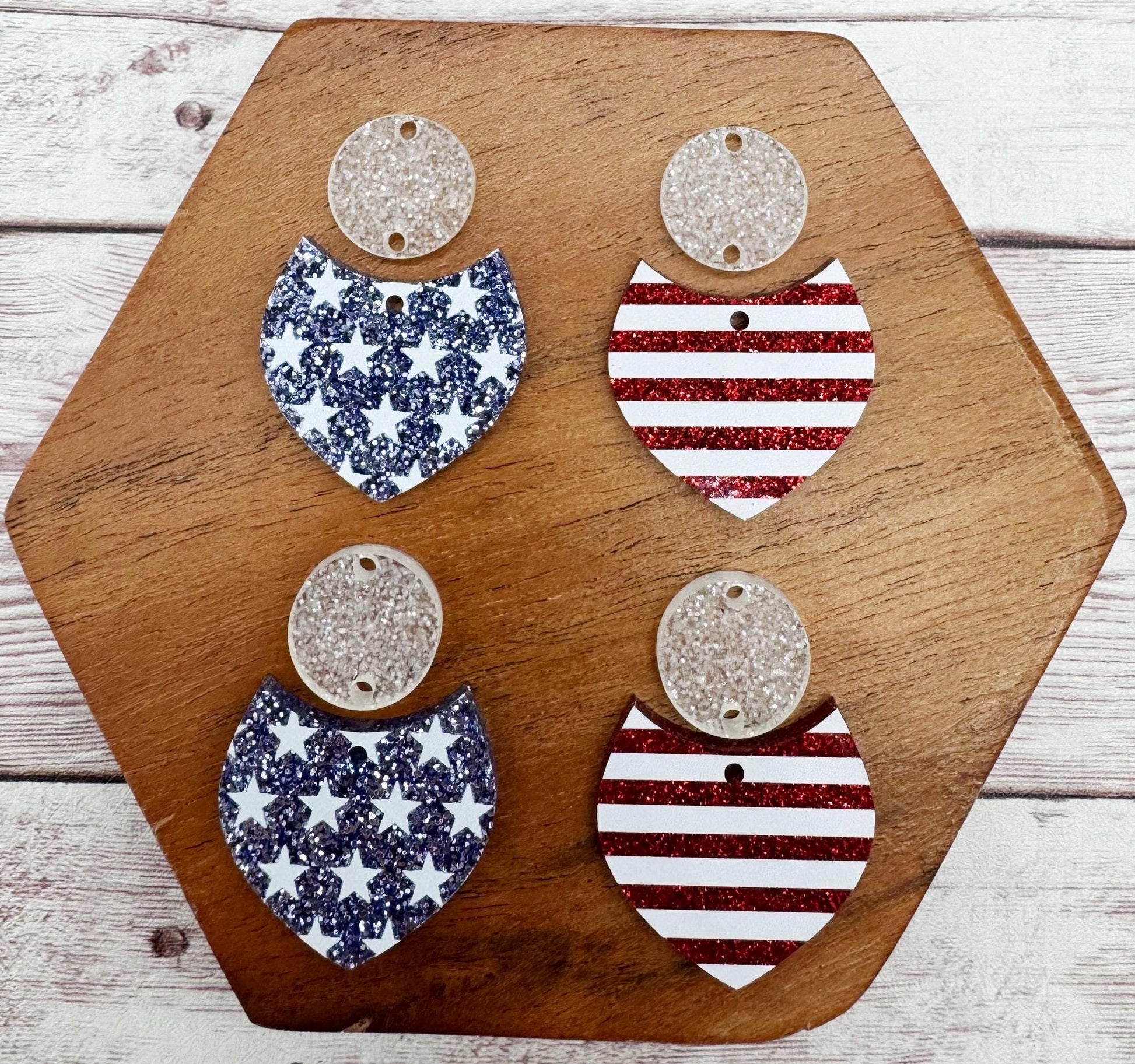 Red, White and Blue Glitter Patriotic Stars and Stripes Acrylic With Circle Connector Set, Earring Blanks, DIY Jewelry Making