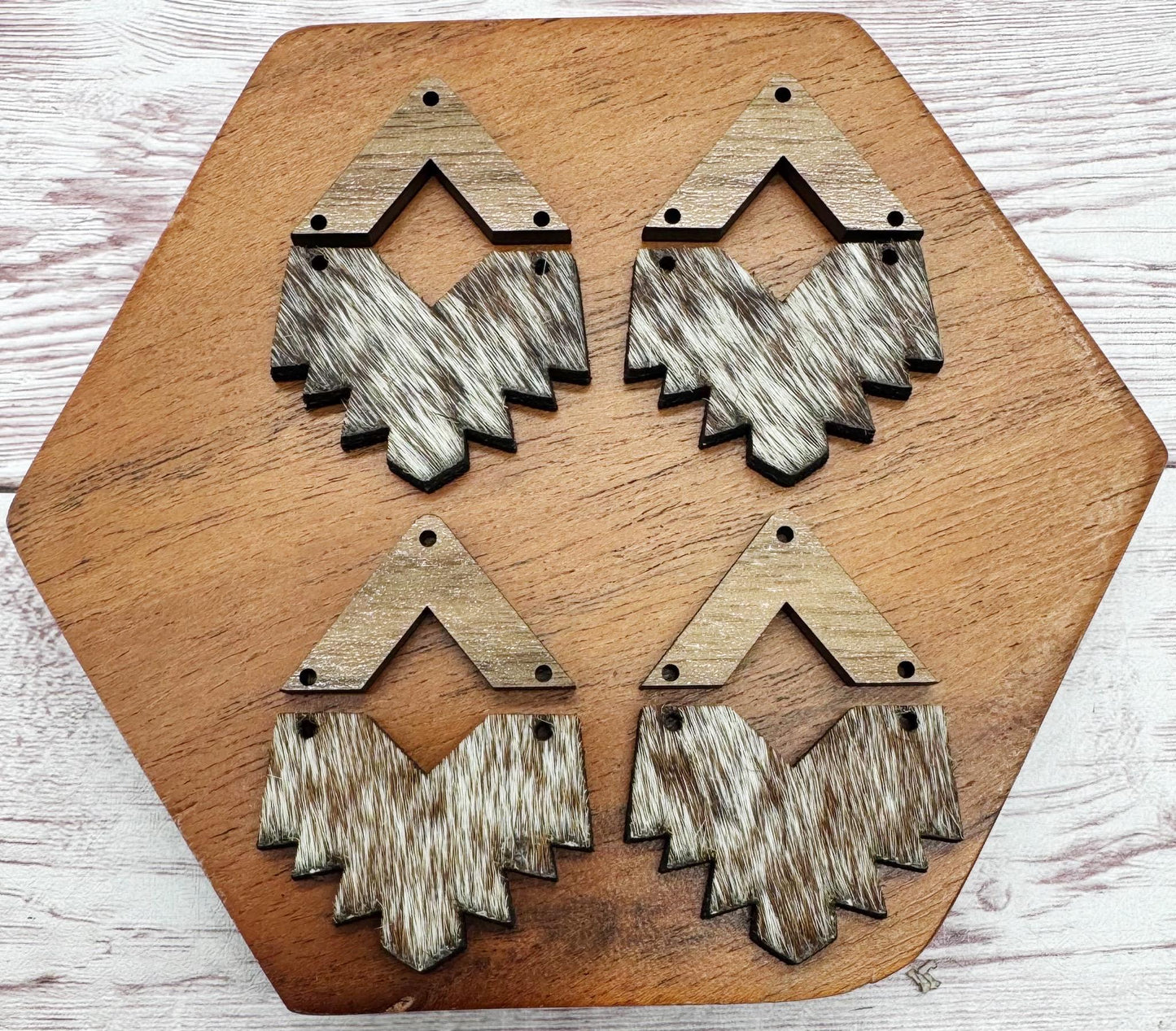 Southwest Aztec Wood and Genuine Cowhide Backed Faux Leather Set, Earring Blanks, Finished Walnut Blank, DIY Jewelry Making