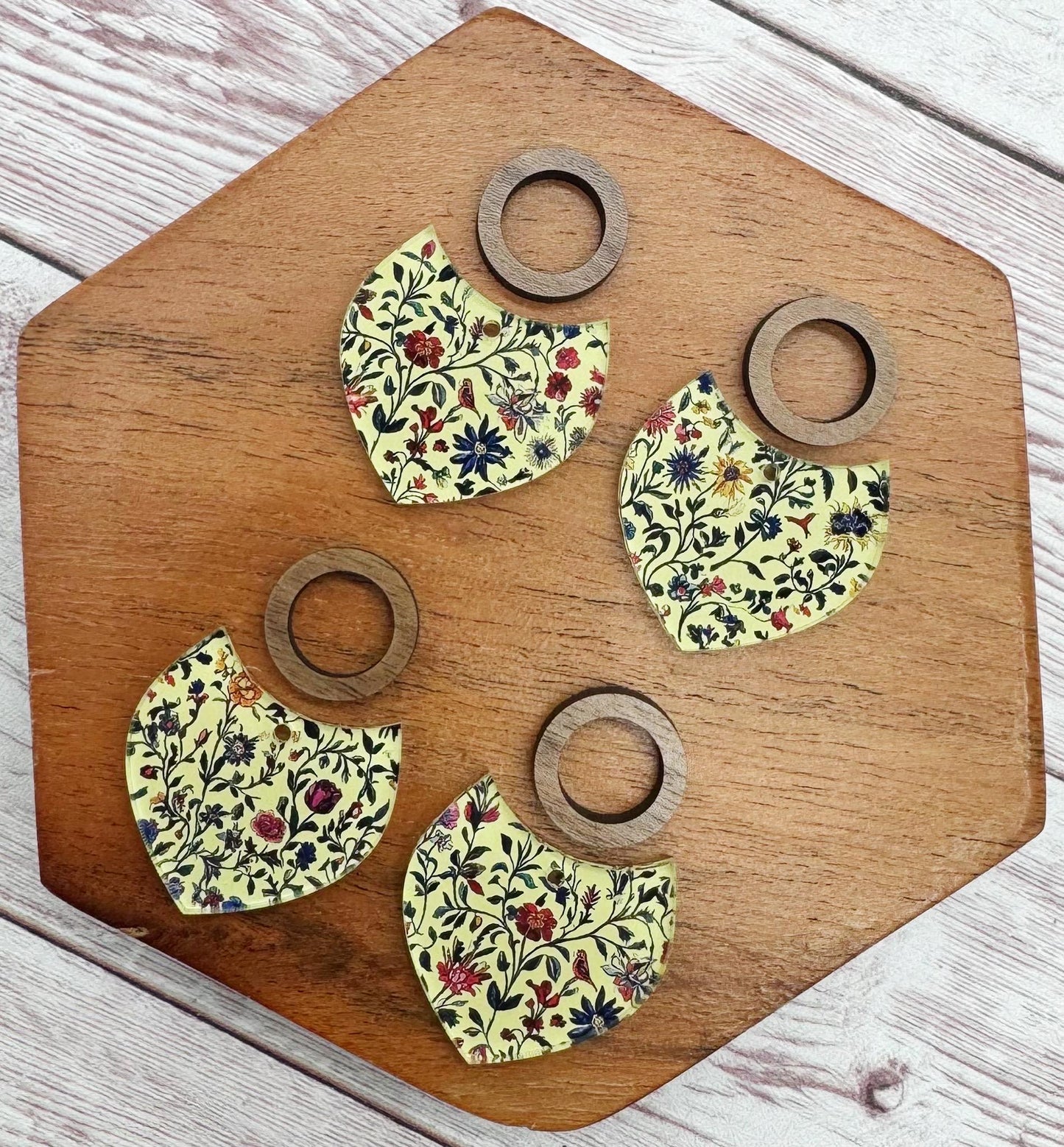 Patterned Floral Tapestry Print Acrylic With Wood Open Circle Connector Set, Earring Blanks, DIY Jewelry Making