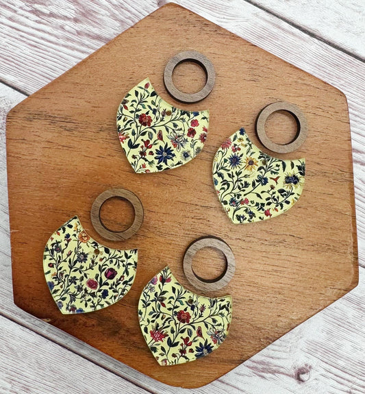 Patterned Floral Tapestry Print Acrylic With Wood Open Circle Connector Set, Earring Blanks, DIY Jewelry Making