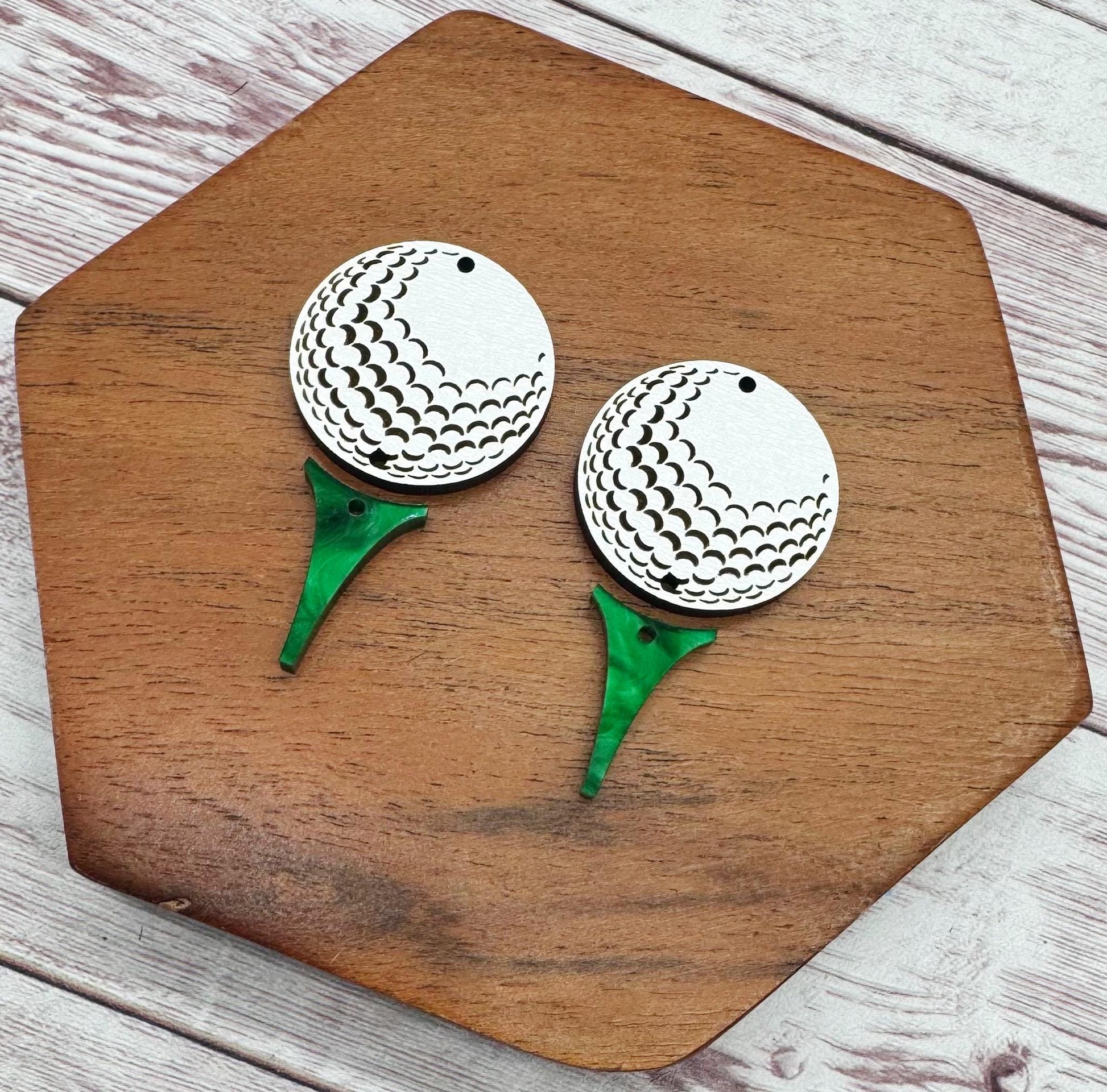 Engraved Wood Golf Ball and Tee Set Sports Earring Blanks, DIY Jewelry Making