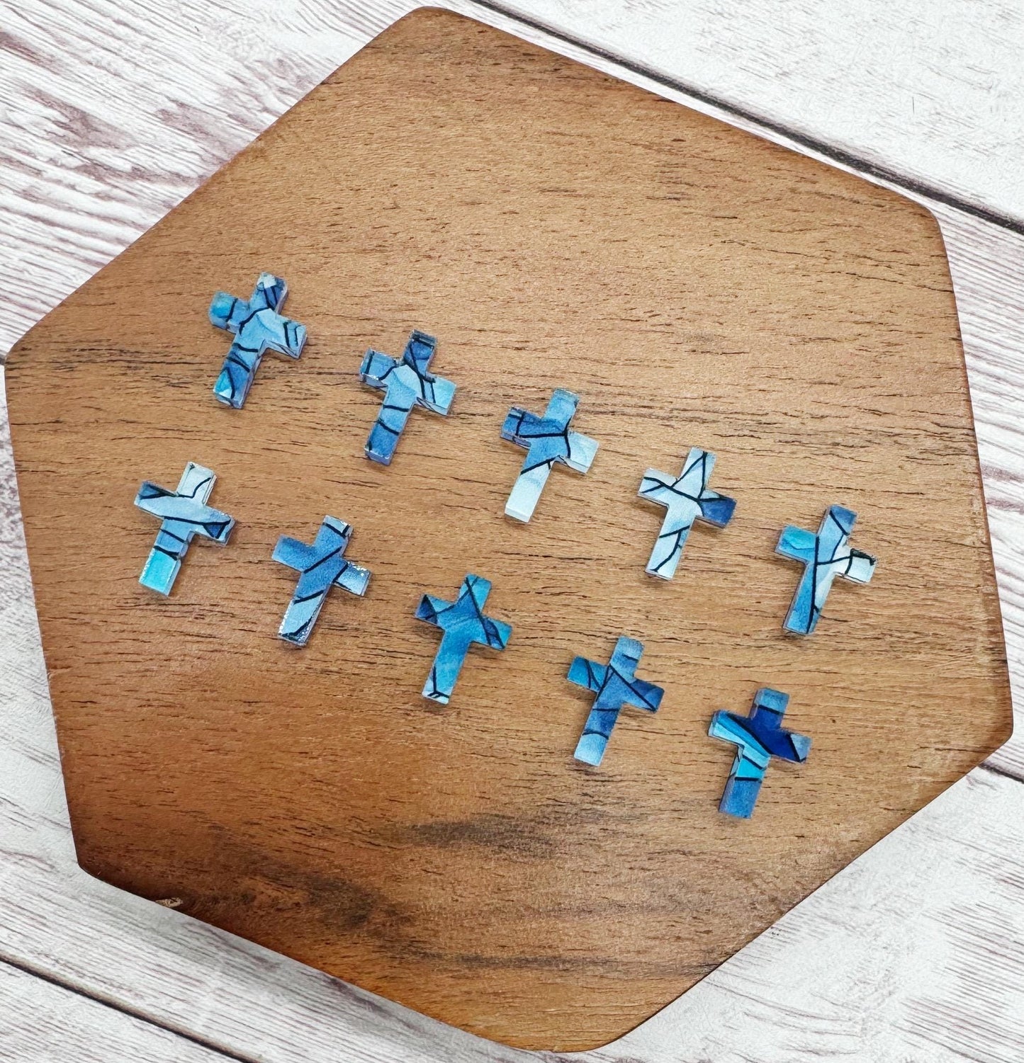Blue Stained Glass Print Cross Acrylic Stud Earring Blanks Set of 5 Pair DIY Jewelry Making