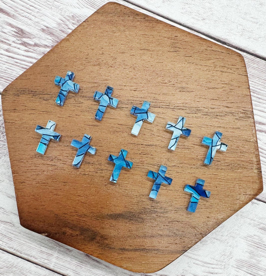 Blue Stained Glass Print Cross Acrylic Stud Earring Blanks Set of 5 Pair DIY Jewelry Making