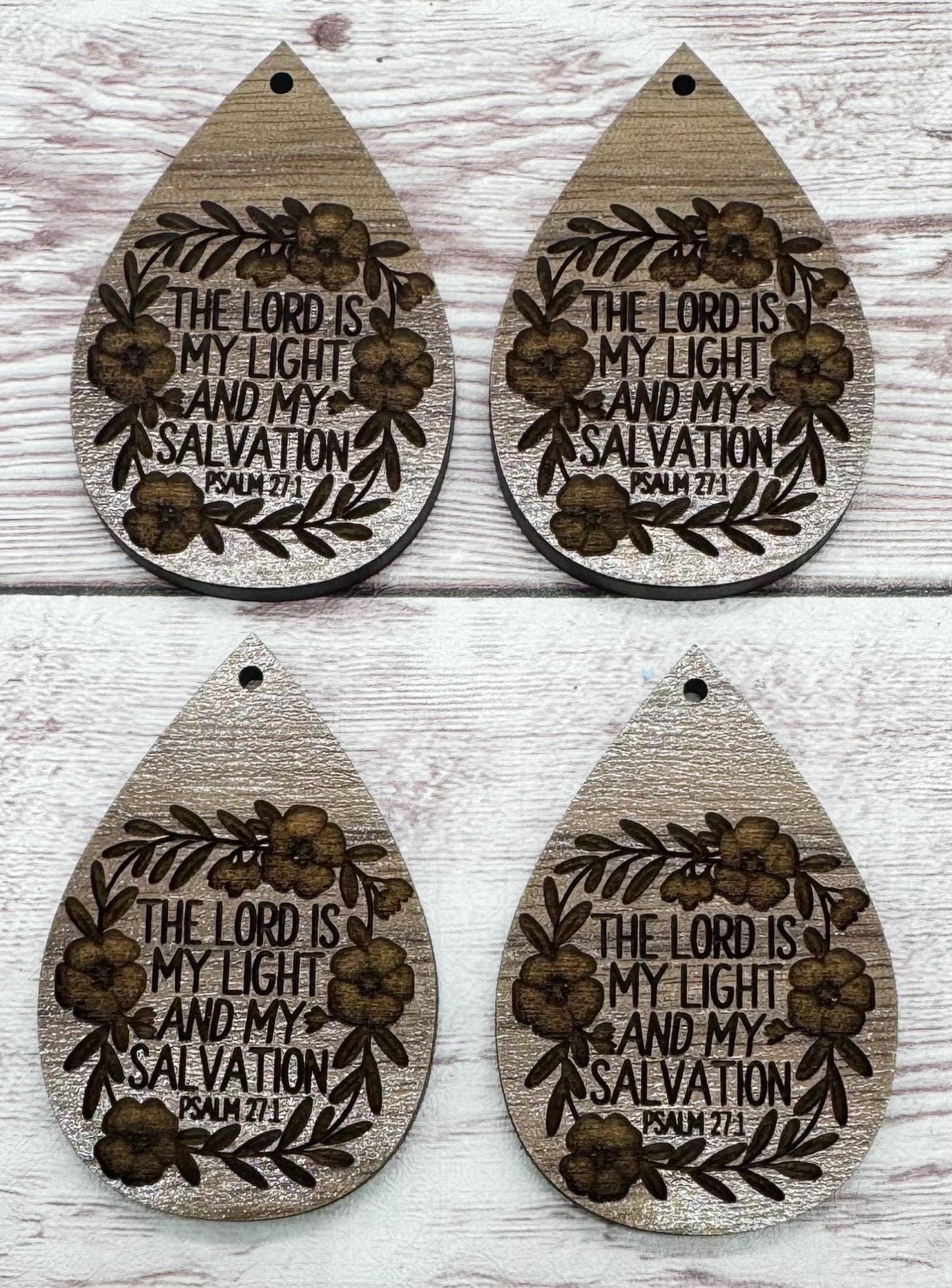 Religious Floral The Lord is My Light and My Salvation Earring Blanks, Finished Walnut Blank, DIY Jewelry Making