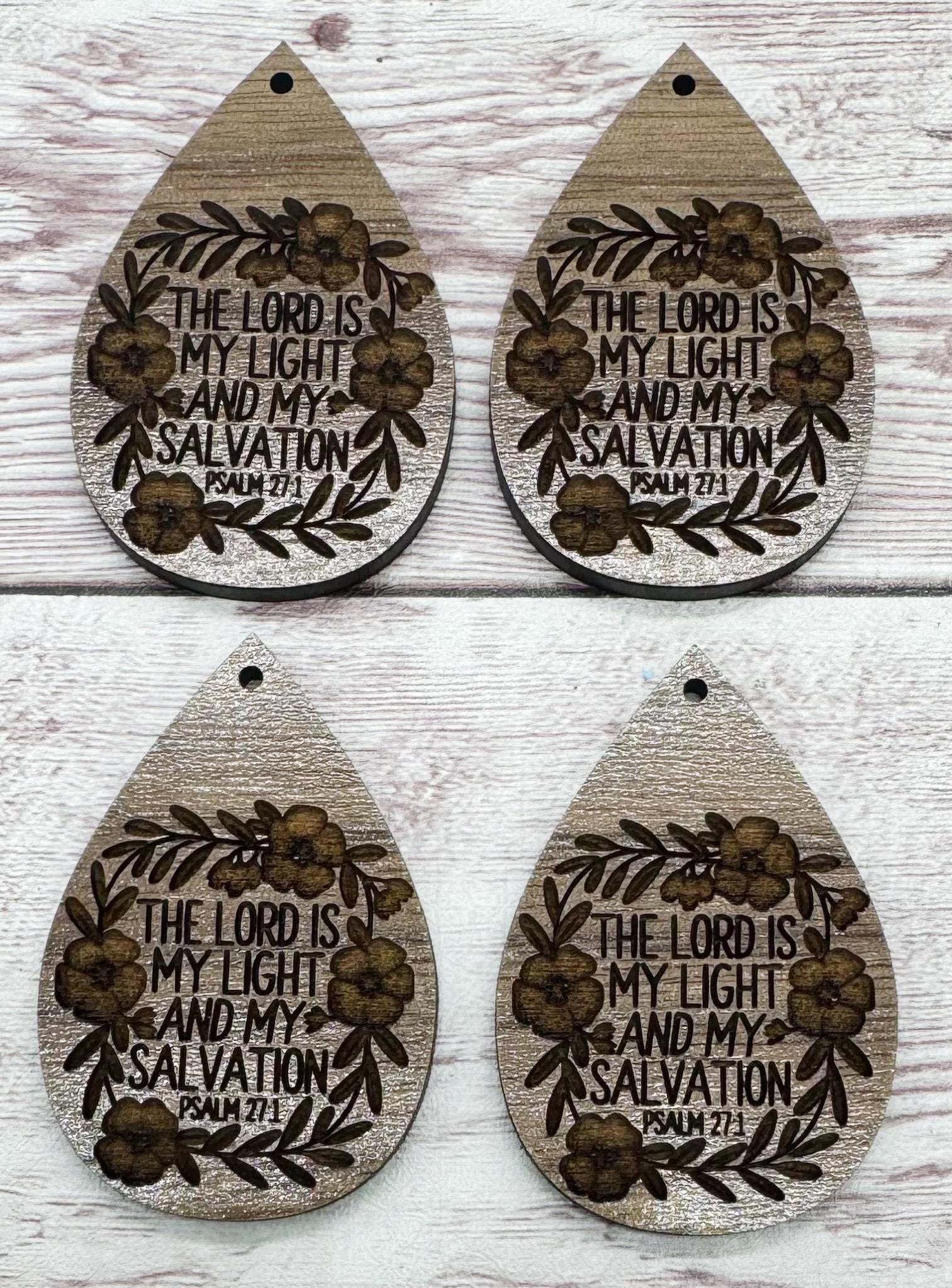 Religious Floral The Lord is My Light and My Salvation Earring Blanks, Finished Walnut Blank, DIY Jewelry Making