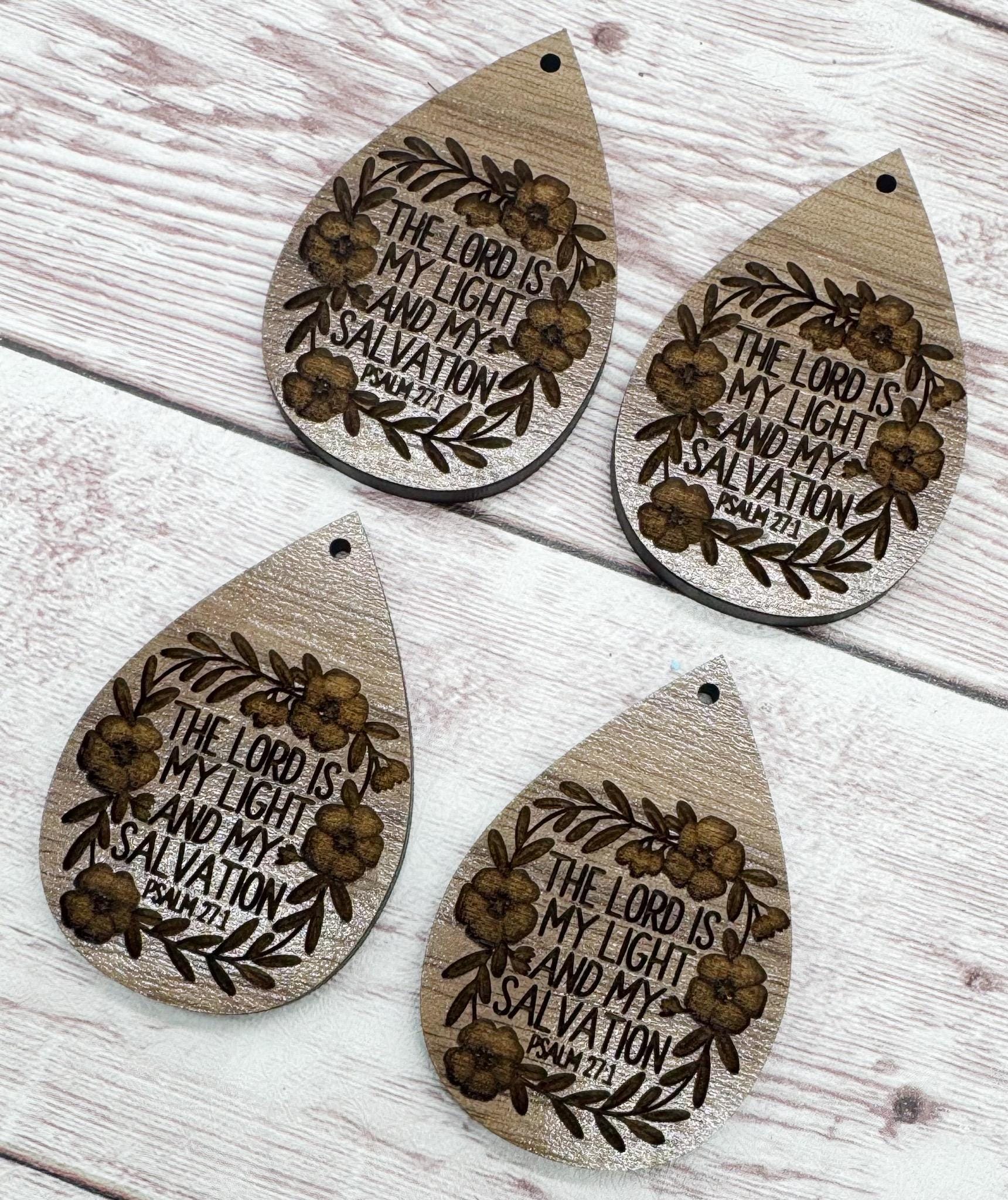 Religious Floral The Lord is My Light and My Salvation Earring Blanks, Finished Walnut Blank, DIY Jewelry Making