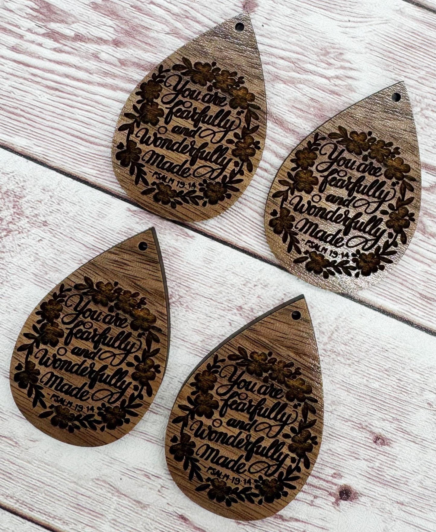 Religious Floral You Are Fearfully and Wonderfully Made Earring Blanks, Finished Walnut Blank, DIY Jewelry Making